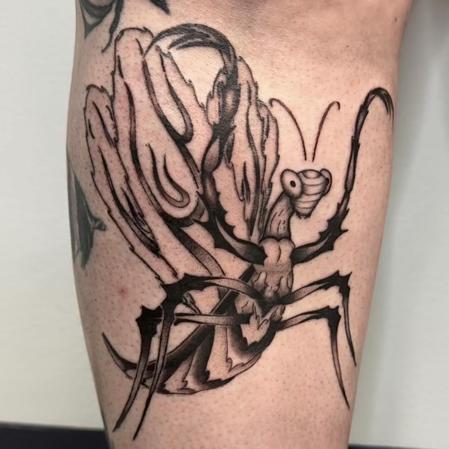 Praying mantis black and grey tattoo on the forearm by Mika