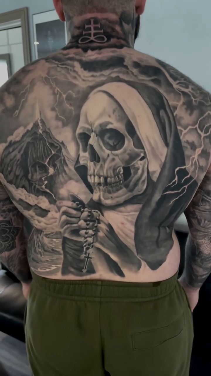 Grim Reaper and skull dark realism tattoo by Antonio Massimino