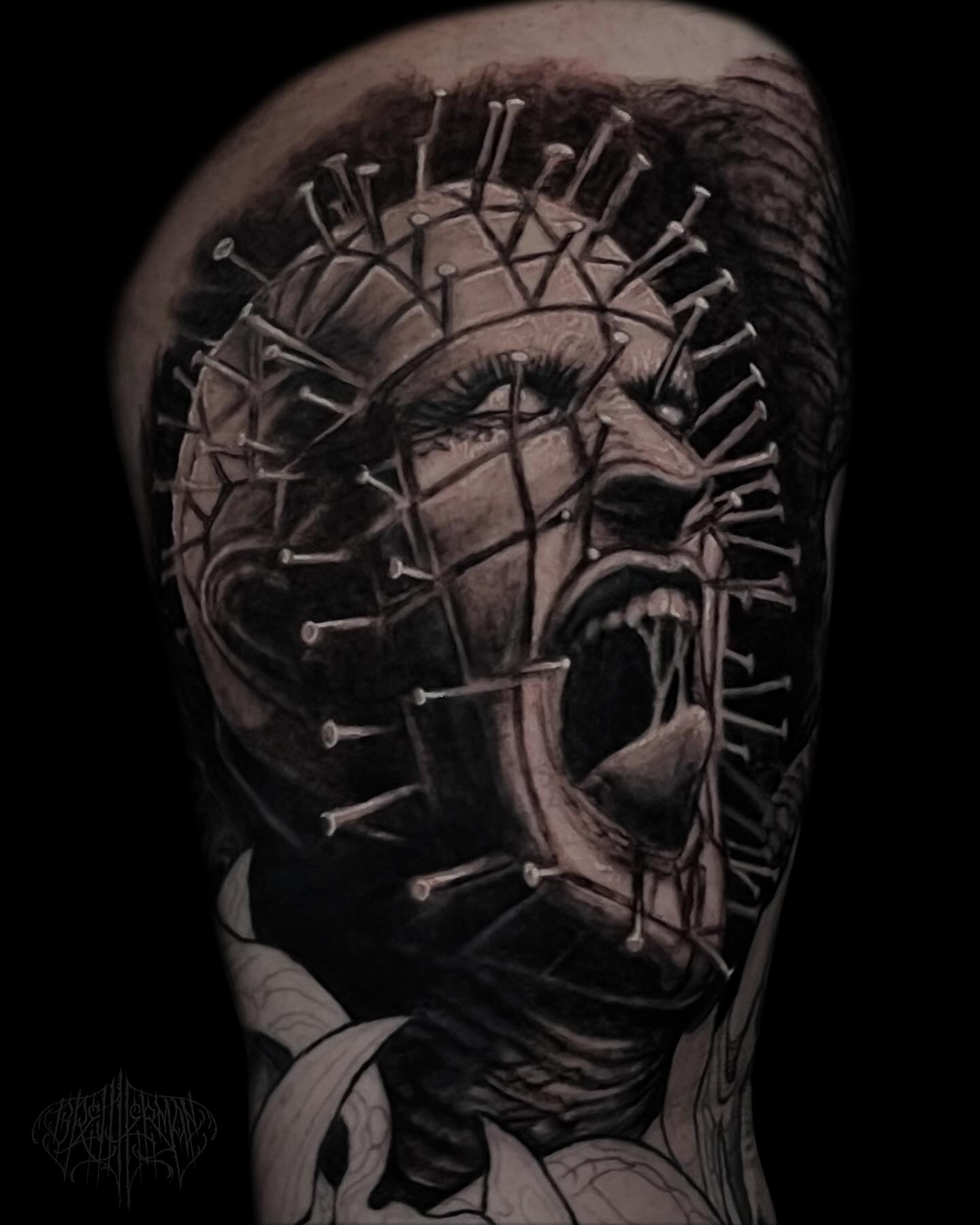 Pinhead realism tattoo on the forearm by Brett Herman, Denver, Colorado
