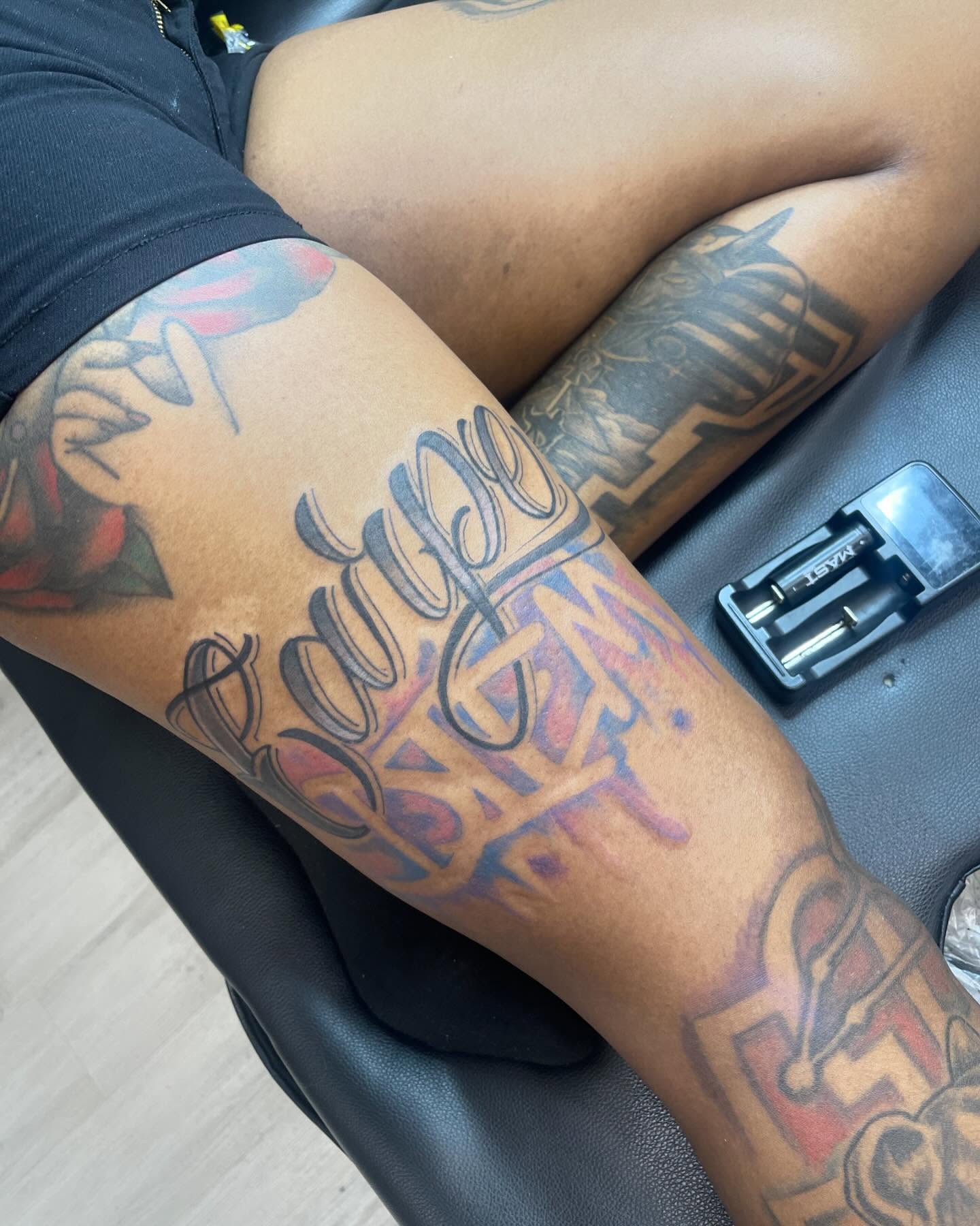 Script lettering lettering script tattoo on the forearm by Azaan (Zanye), Birmingham, Alabama