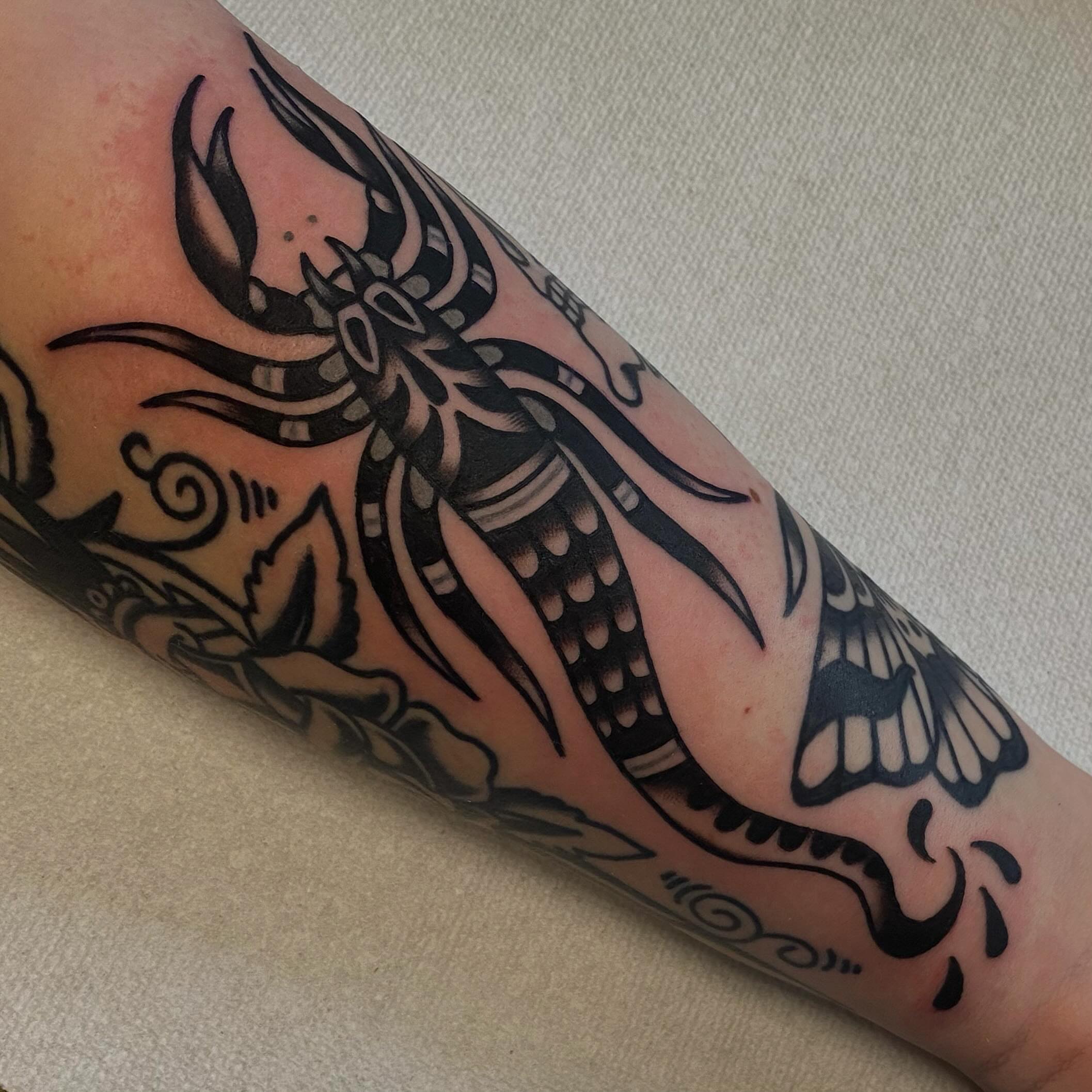 Scorpion American traditional tattoo on the forearm by Erin Chambers