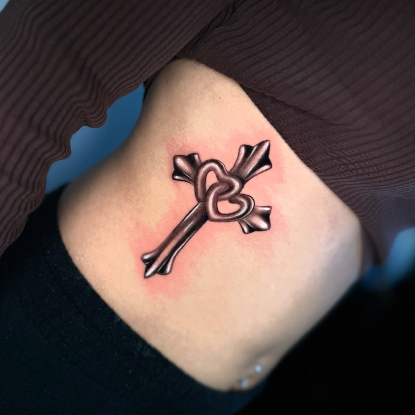 Key with heart black and grey tattoo on the shoulder by Mel