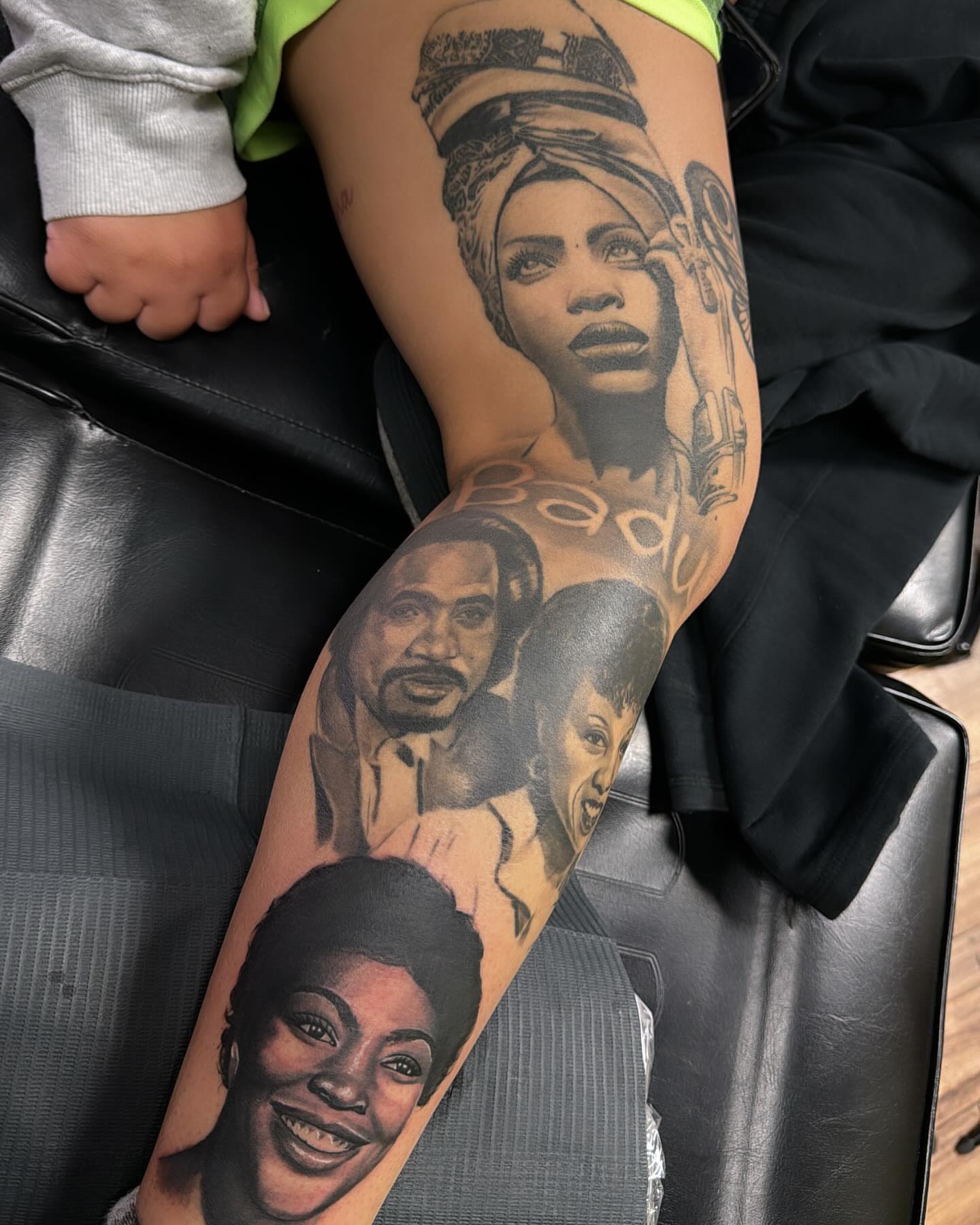 Portraits realism tattoo on the forearm by Cedric Fleming