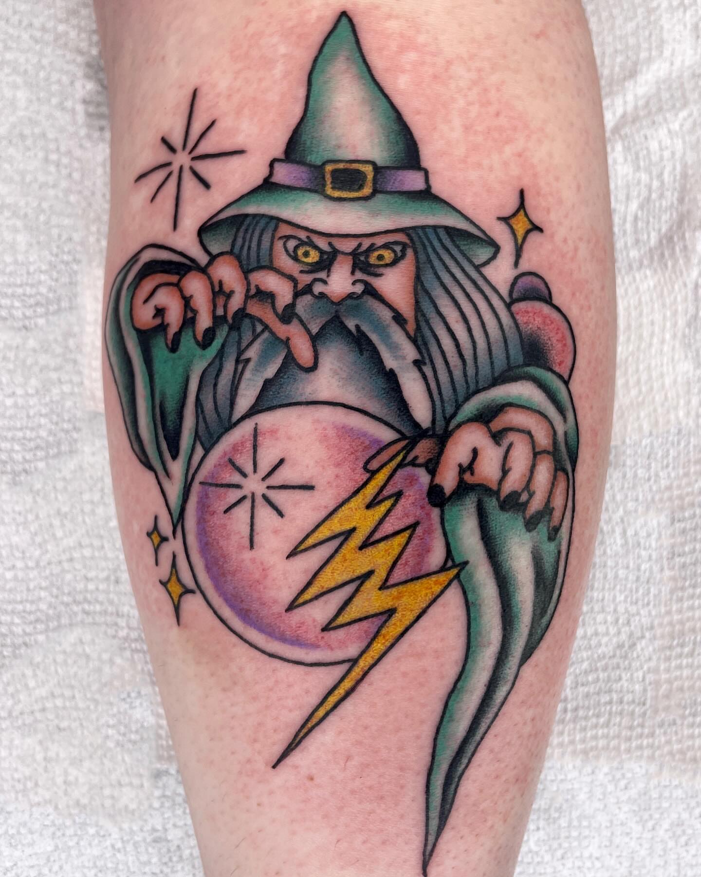 Wizard American traditional tattoo on the forearm by Meg Nefcy, Milford, Michigan