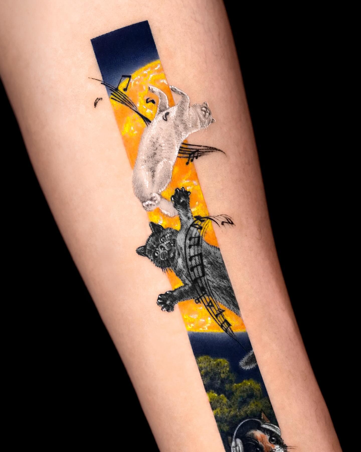Cat and bird black and grey tattoo on the forearm by Rizn