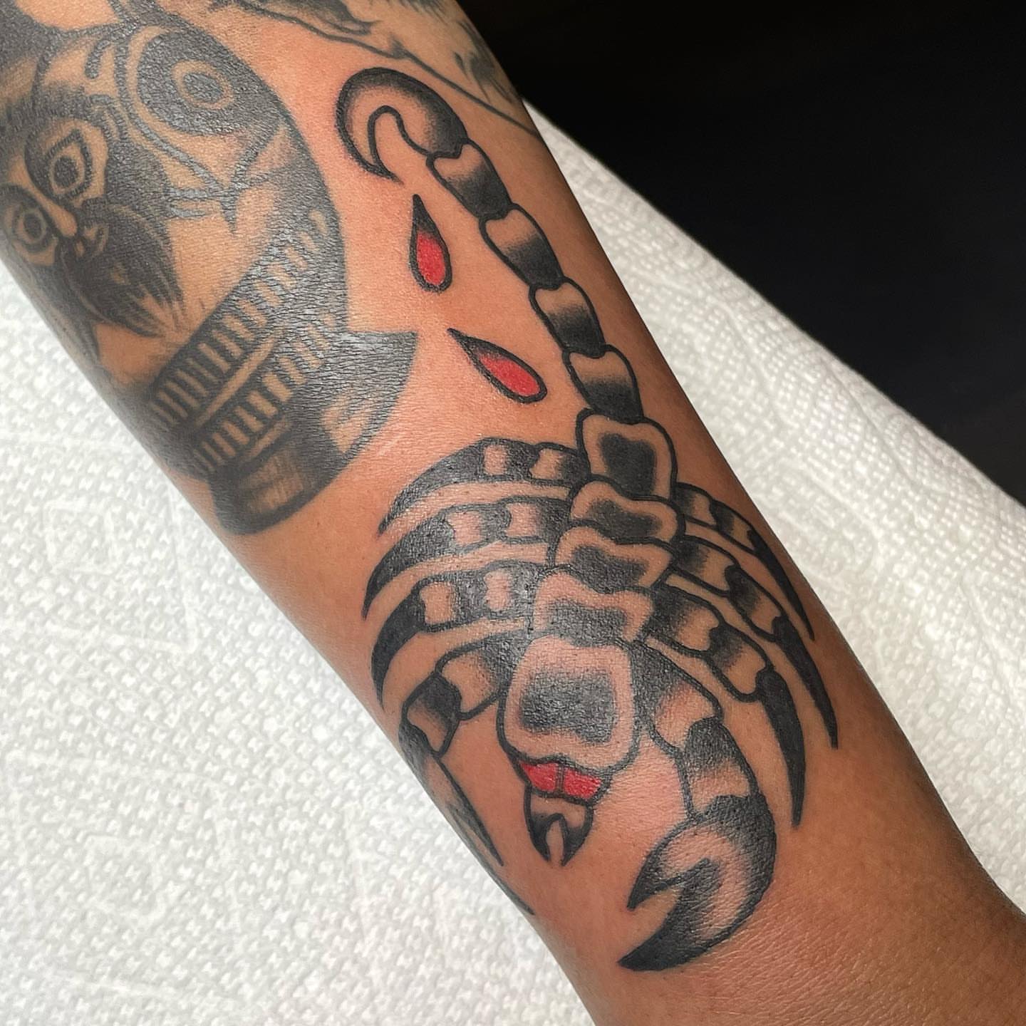 Scorpion American traditional tattoo on the forearm by nancy❣️