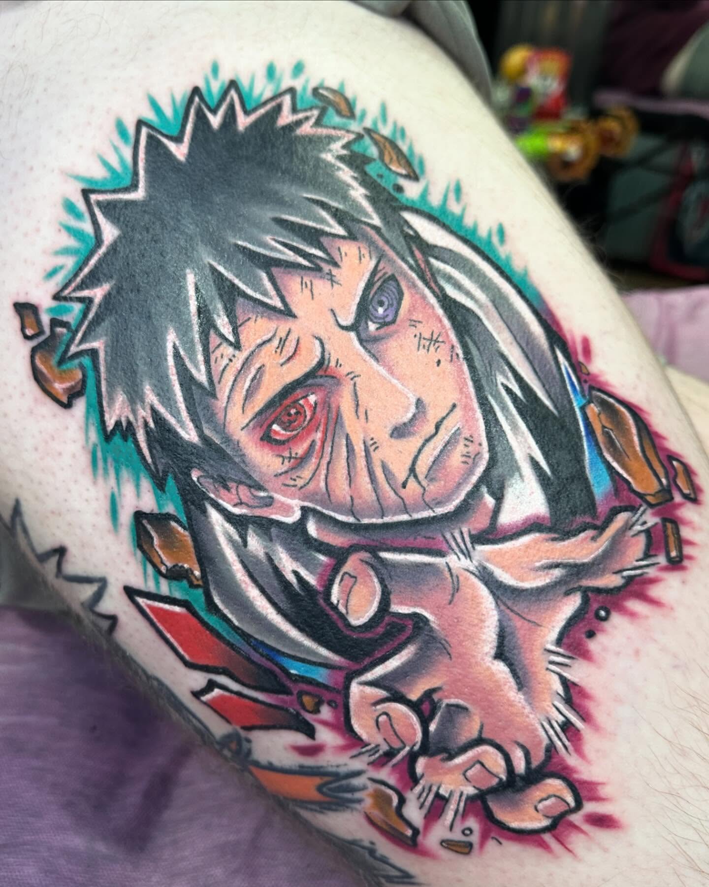 Anime character anime tattoo on the thigh by Jeremy Thomas