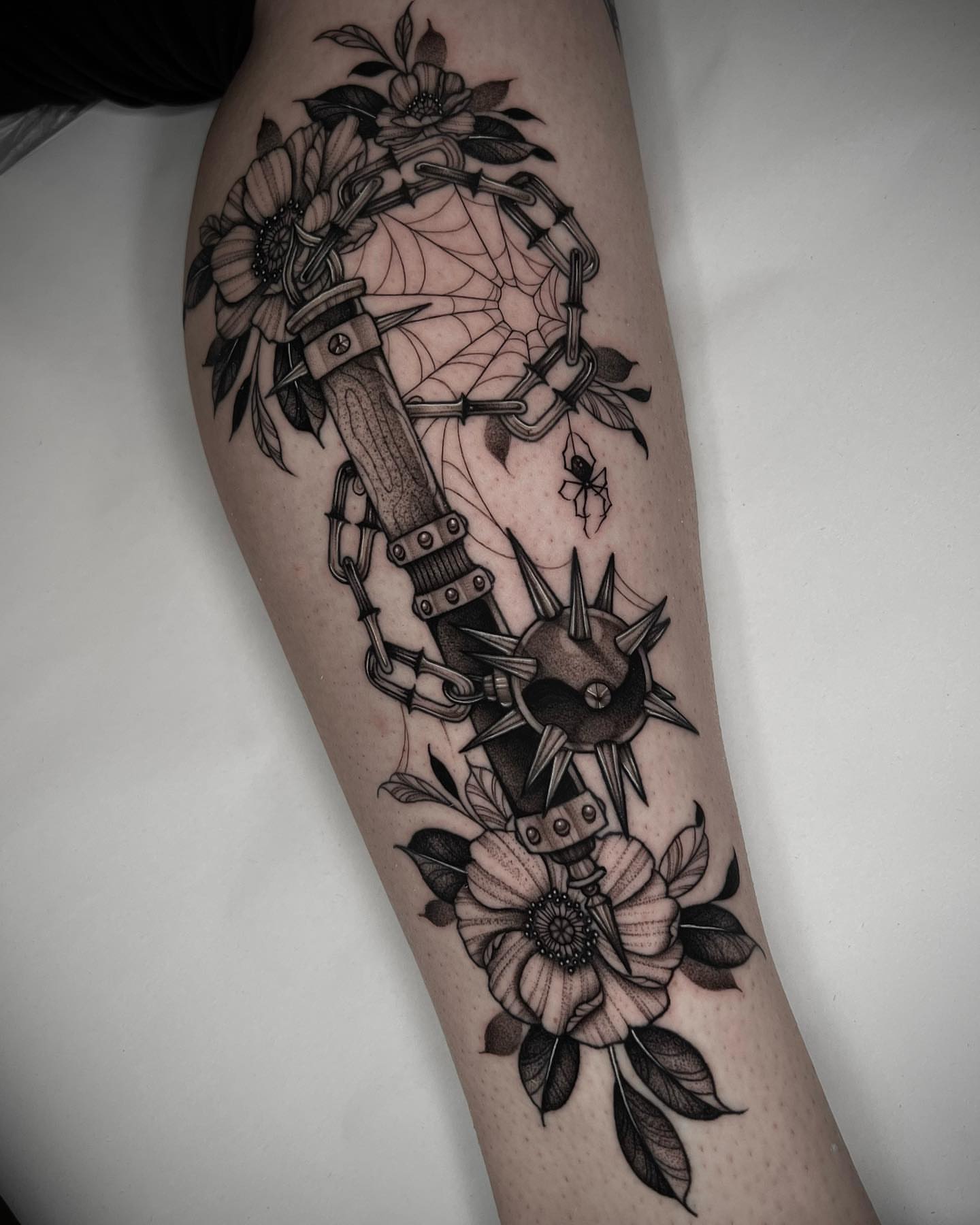 Knife and flowers geometric tattoo on the forearm by ๐ฒ๐ฐ๐ธ๐๐ป๐๐ฝ โก