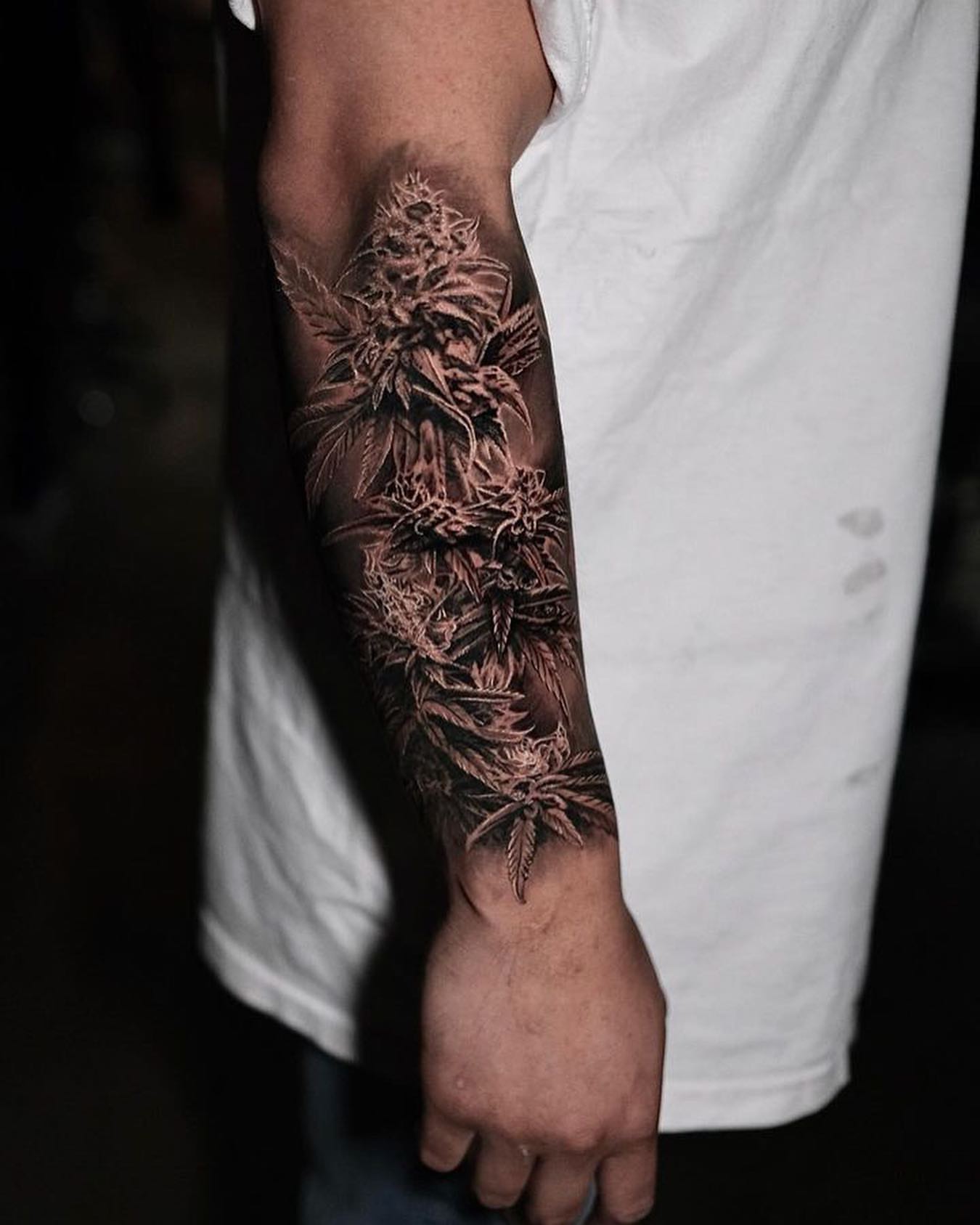 Marijuana plant realism tattoo on the forearm by Christian Medina, Sacramento, California