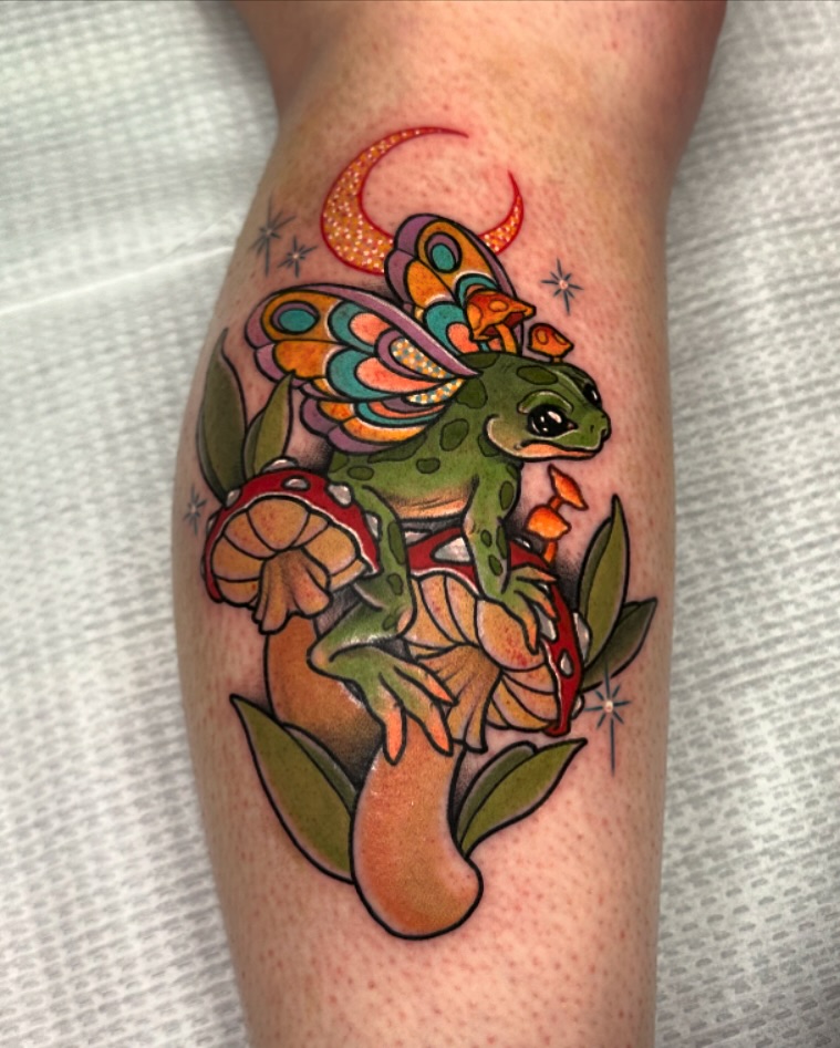 Frog with fairy wings new school tattoo on the forearm by Tayler Pearson, Fort Collins, Colorado