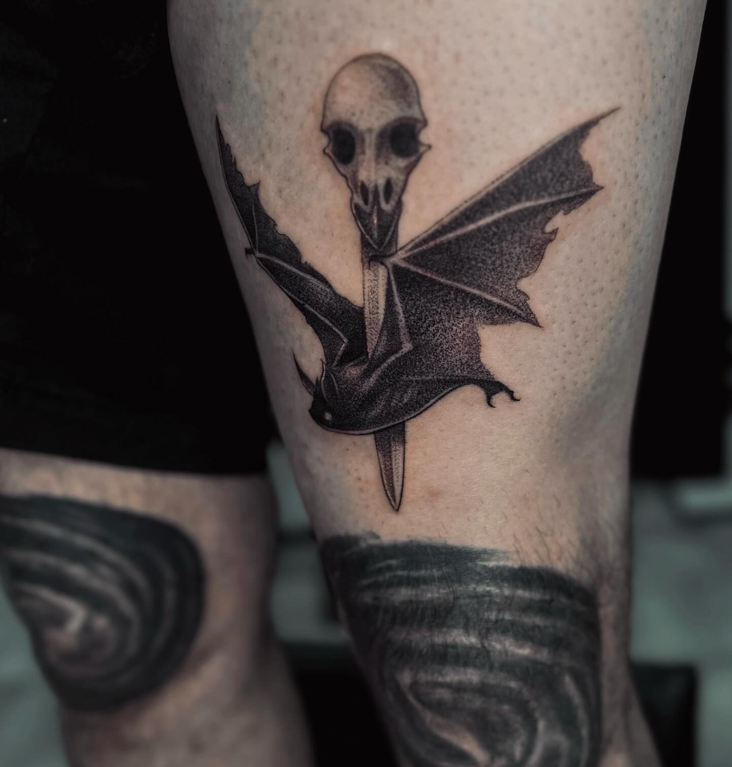 Bat skull dotwork tattoo on the forearm by Виктория Лукьянова