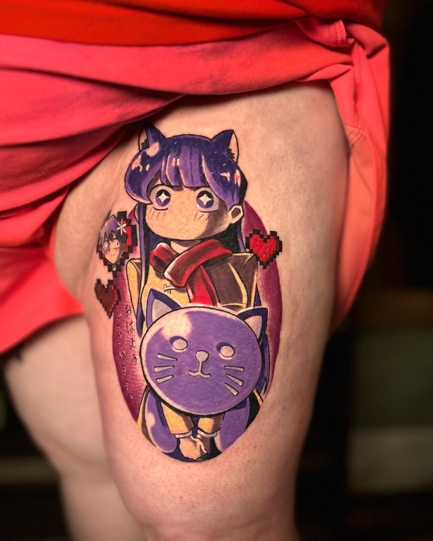 Anime character with cat dotwork tattoo on the thigh by Rat Girl, Dayton, Ohio