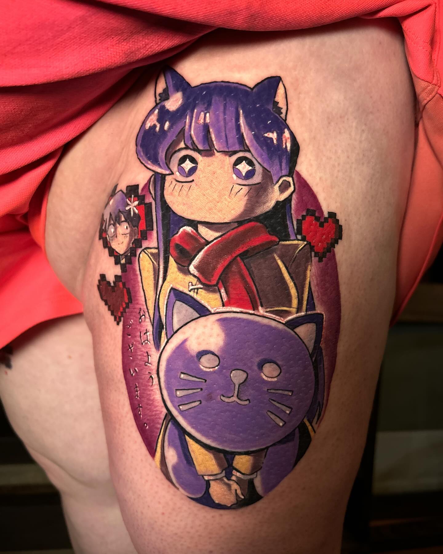 Anime character dotwork tattoo on the thigh by Rat Girl, Dayton, Ohio