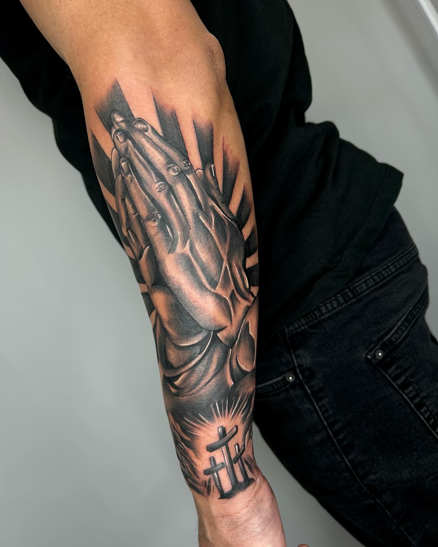 Praying hands realism tattoo on the forearm by ▪️JhonnyElias TATTOO ▪️