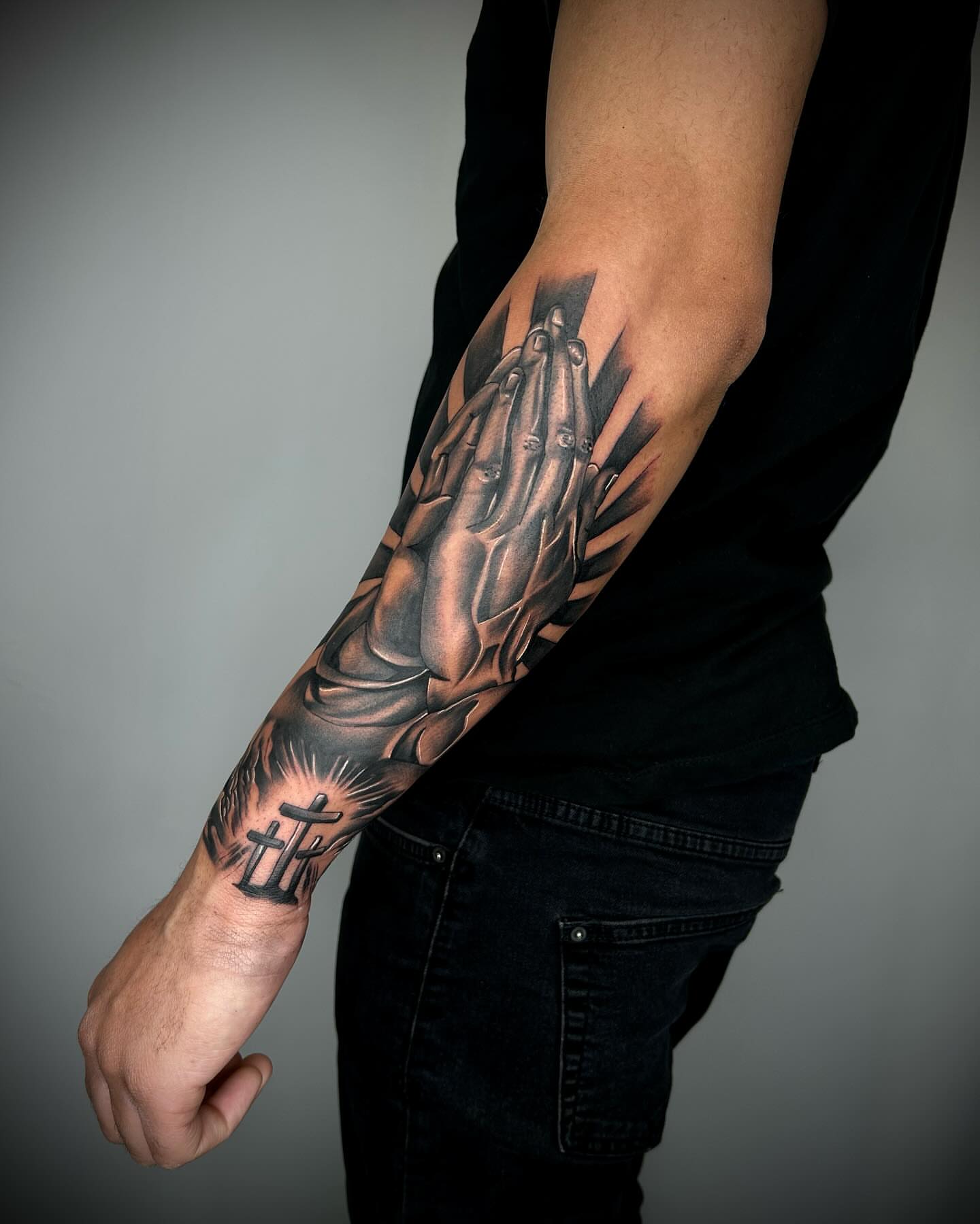 Praying hands realism tattoo on the forearm by ▪️JhonnyElias TATTOO ▪️