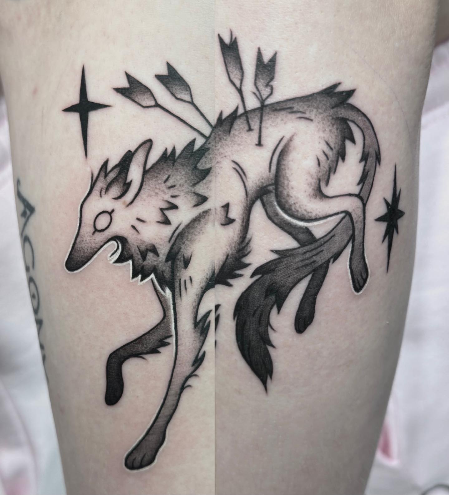 Fox with arrows black and grey tattoo on the forearm by π»ππππ β½ πΏππππ, Franklin, Tennessee