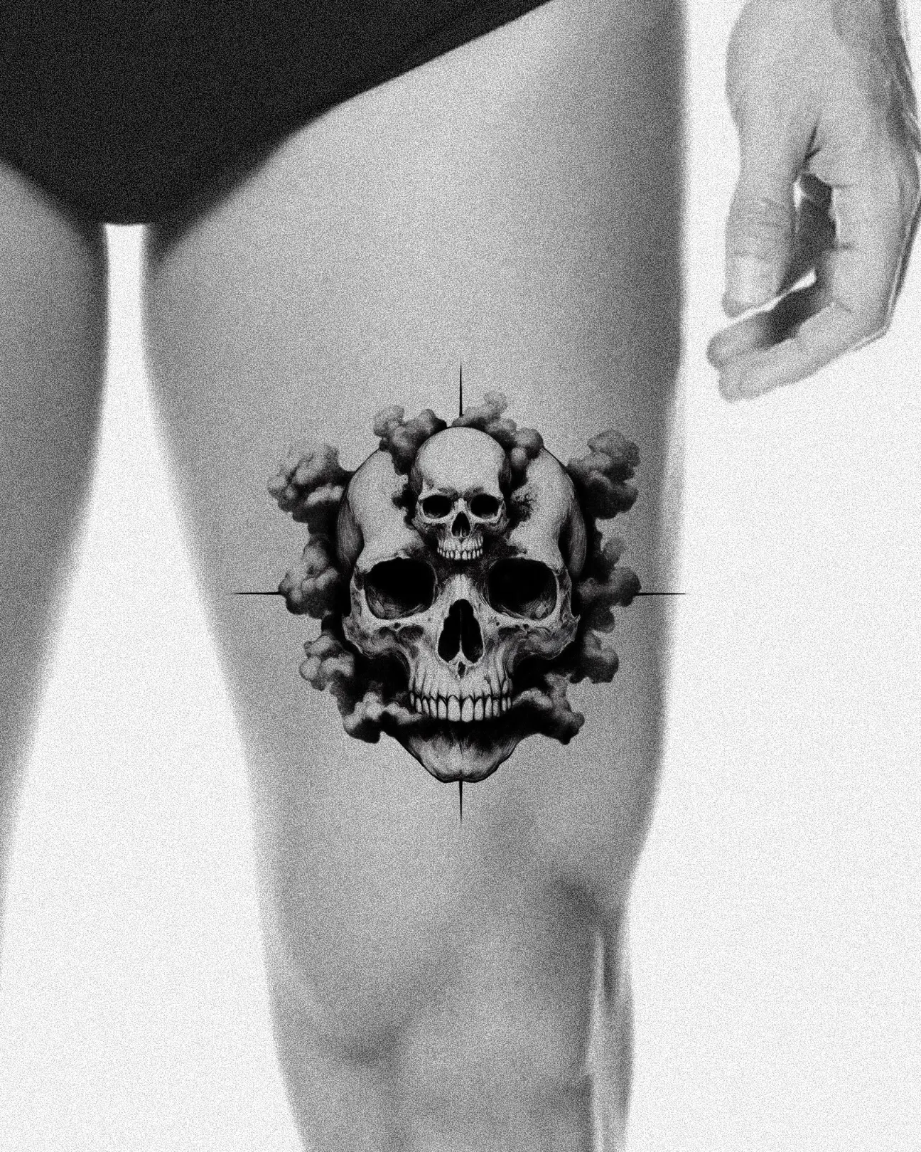 Skulls black and grey tattoo on the thigh by 𝑴𝒆𝒍𝒐