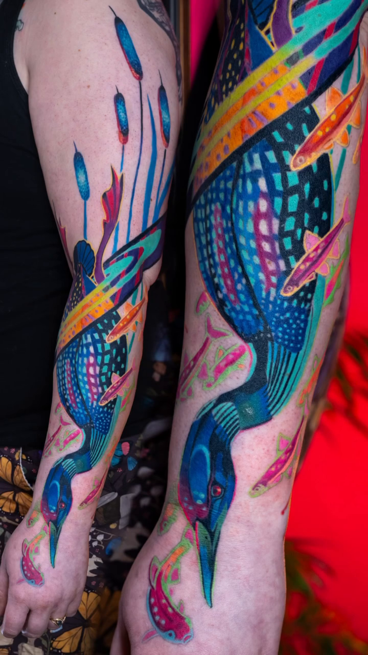 Crane and frog neo-traditional tattoo by Sienna Coppa