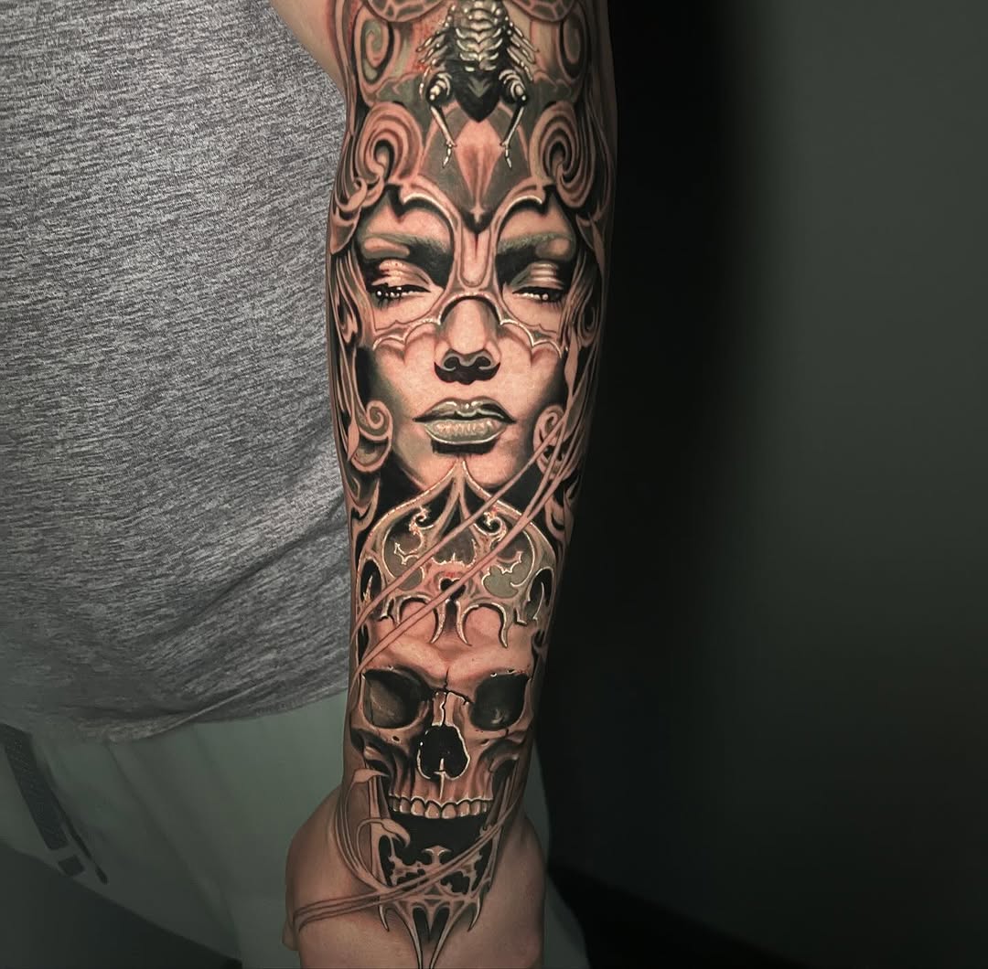 Woman face and skull realism tattoo on the forearm by Kayden DiGiovanni, Addison, Texas