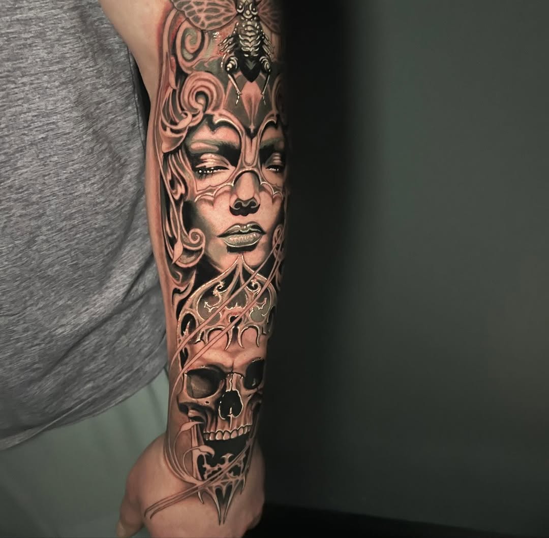 Woman face and skull realism tattoo on the forearm by Kayden DiGiovanni, Addison, Texas