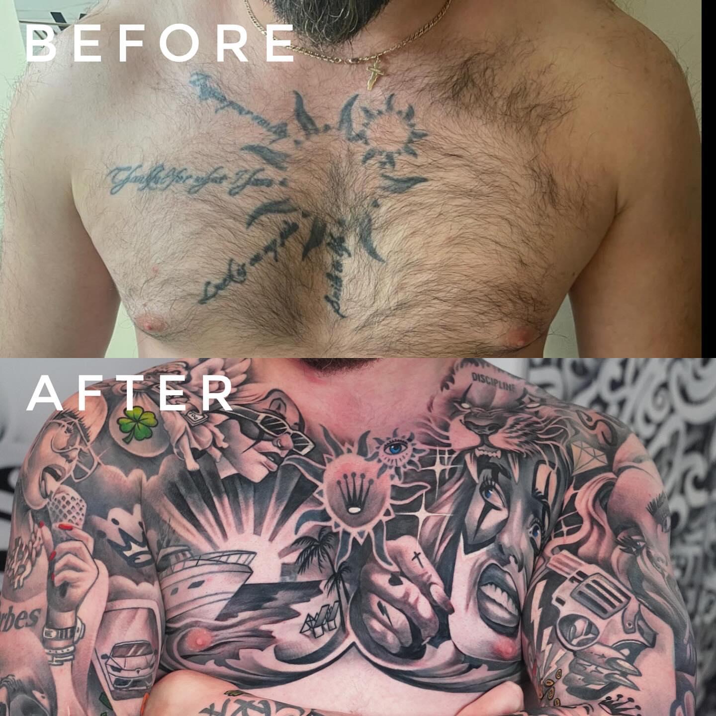 Abstract surrealism surrealism tattoo on the chest by Artem Kunakuzin