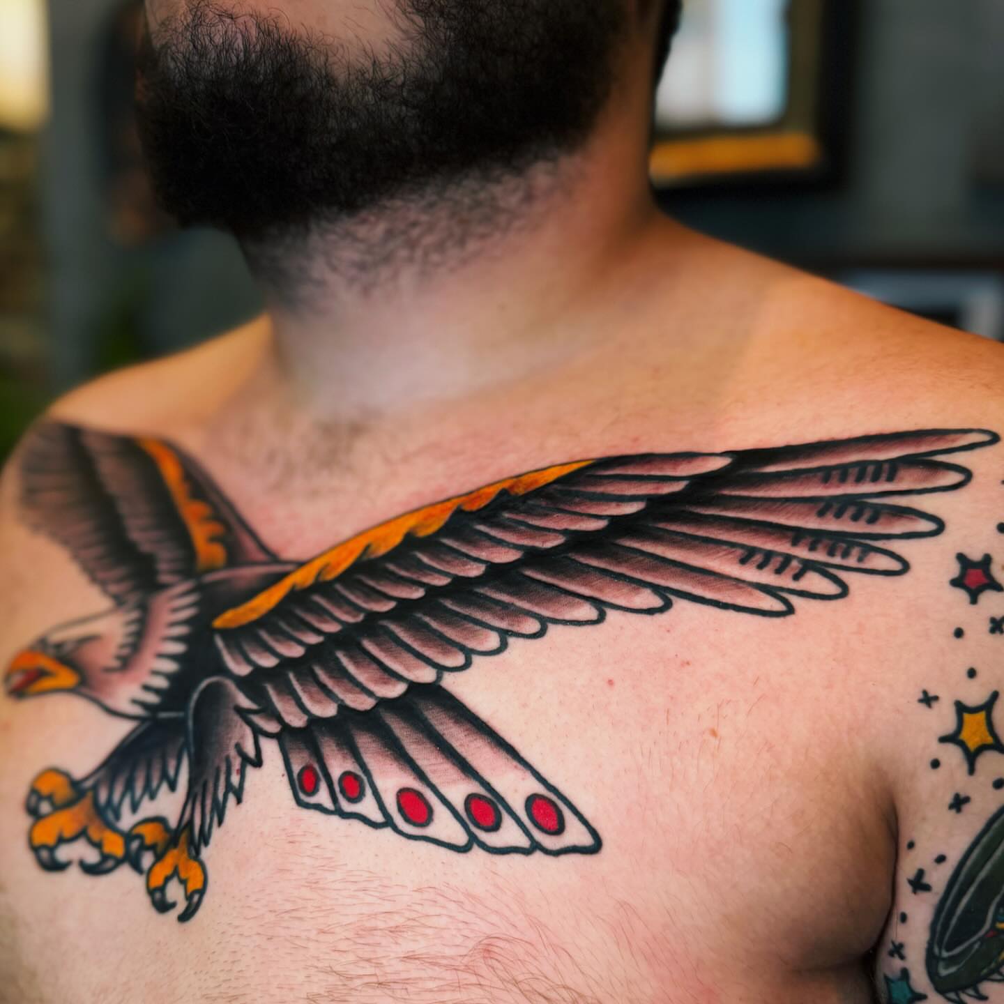 Flying eagle American traditional tattoo on the back by ๐๐๐๐พ๐ - (่พ็ๅ
)
