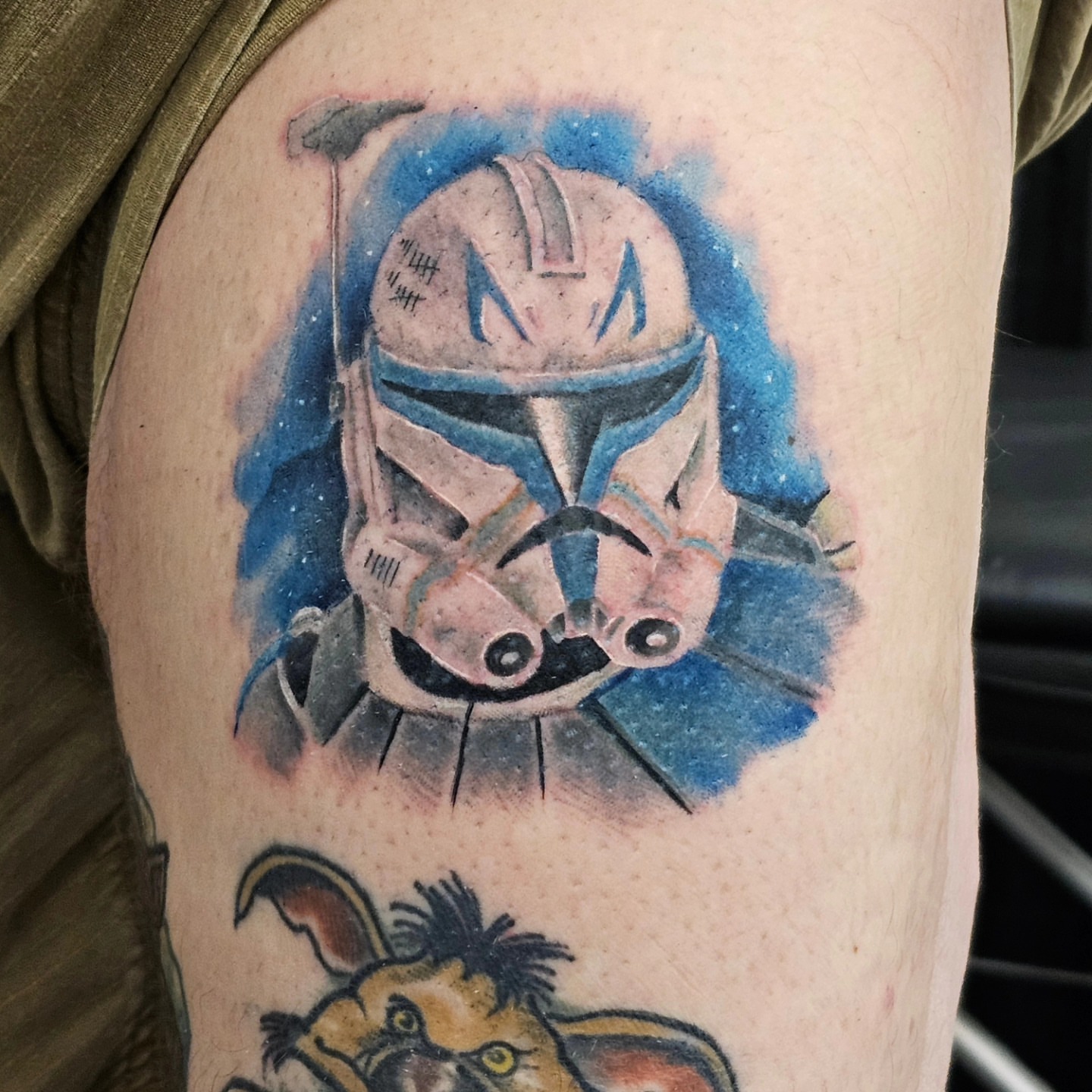 Clone trooper helmet realism tattoo on the thigh by BZ Artistry
