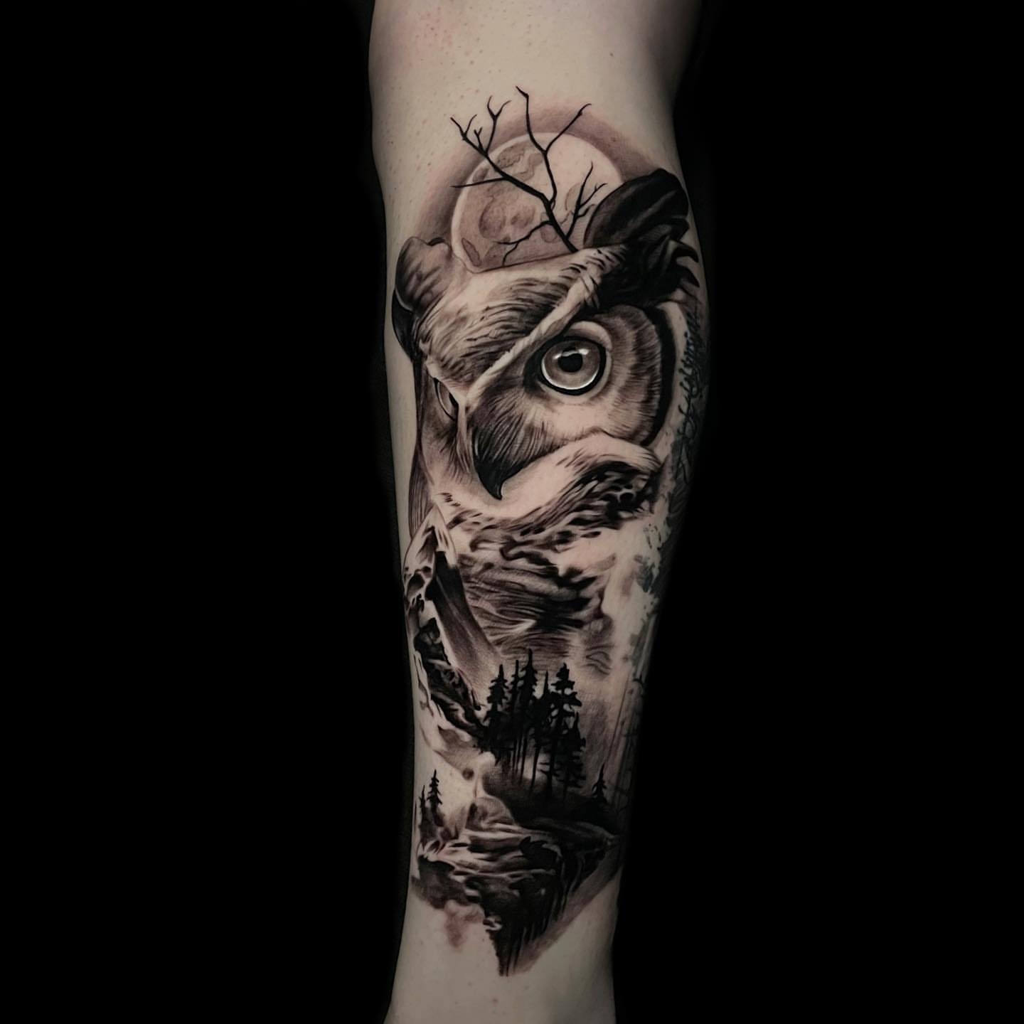 Owl and landscape realism tattoo on the forearm by Nick Jones (Buttonsandfaders)