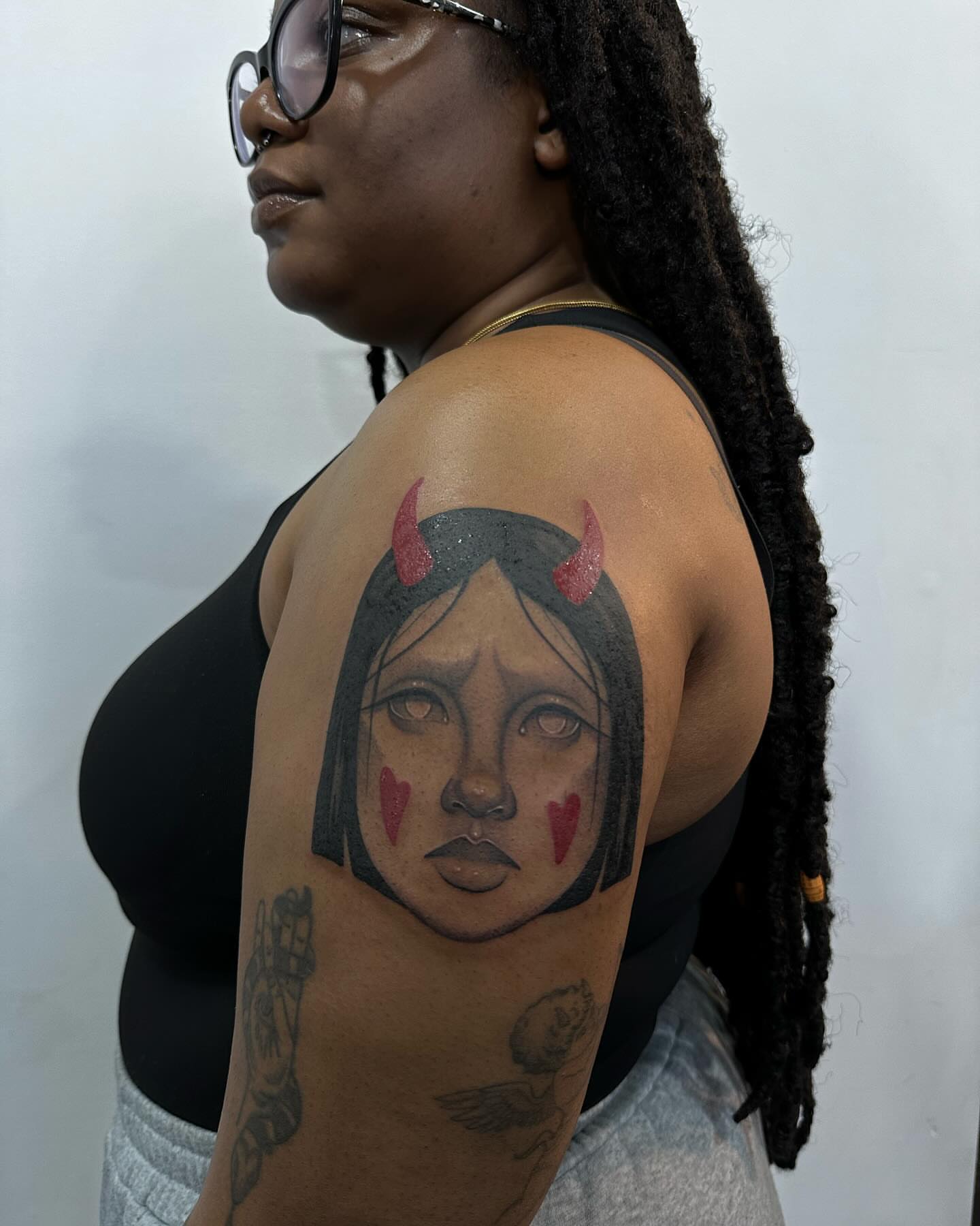 Woman's face realism tattoo on the shoulder by @piinkywabbiit, Roselle Park, New Jersey