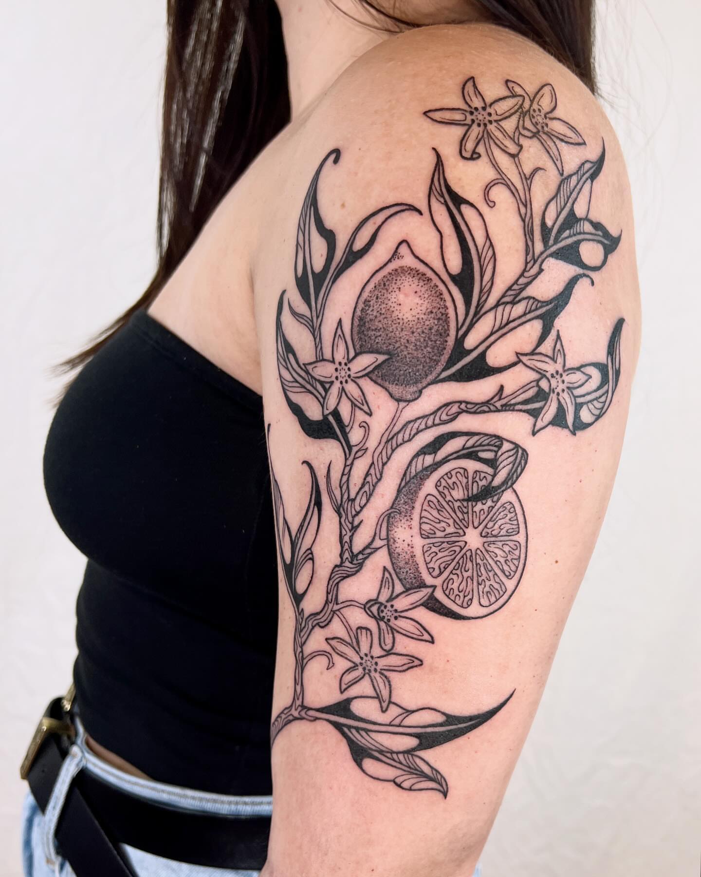 Fruit tree dotwork tattoo on the shoulder by 👽 Kat 👽, San Francisco, California