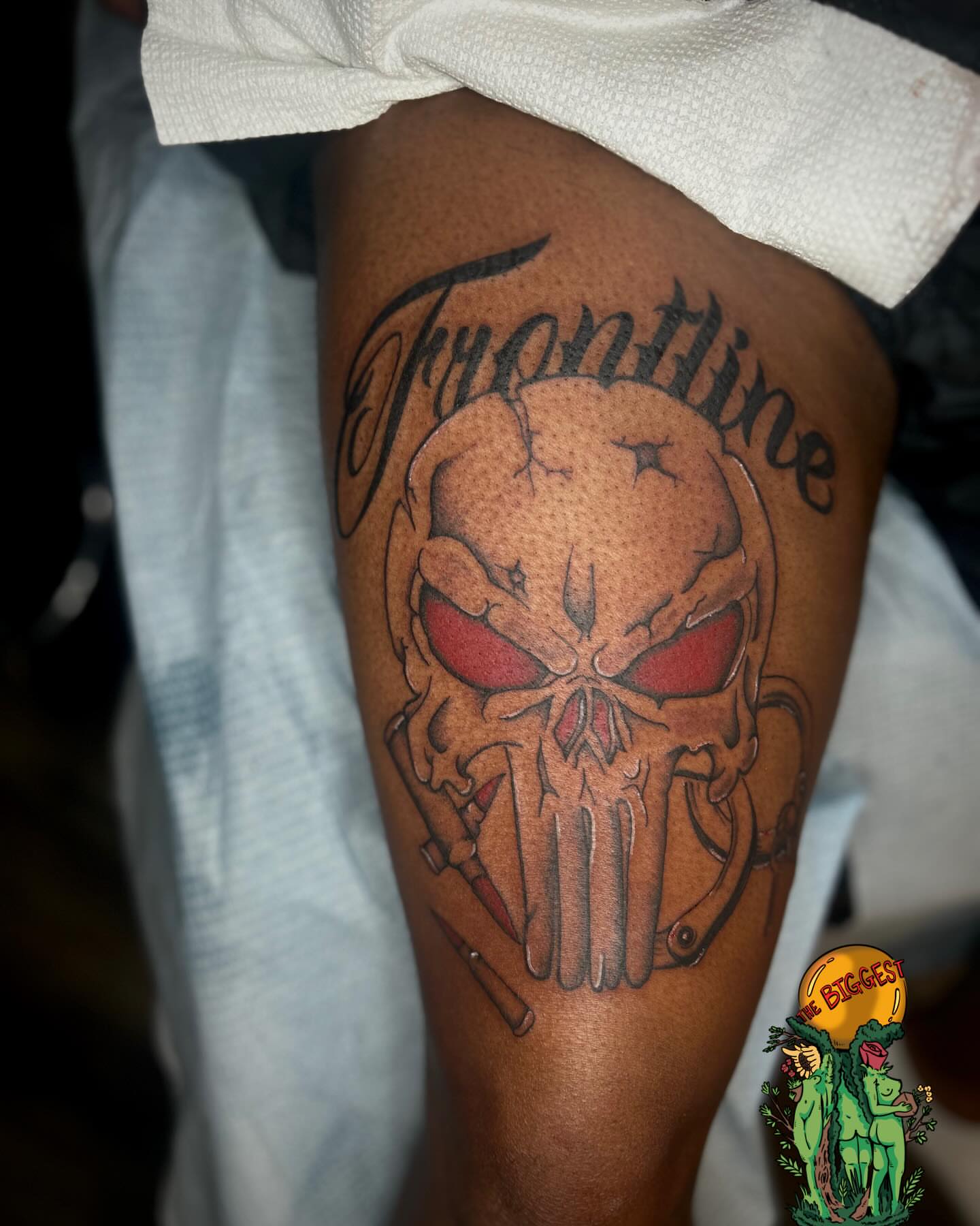 Punisher skull realism tattoo on the thigh by Marques Neal