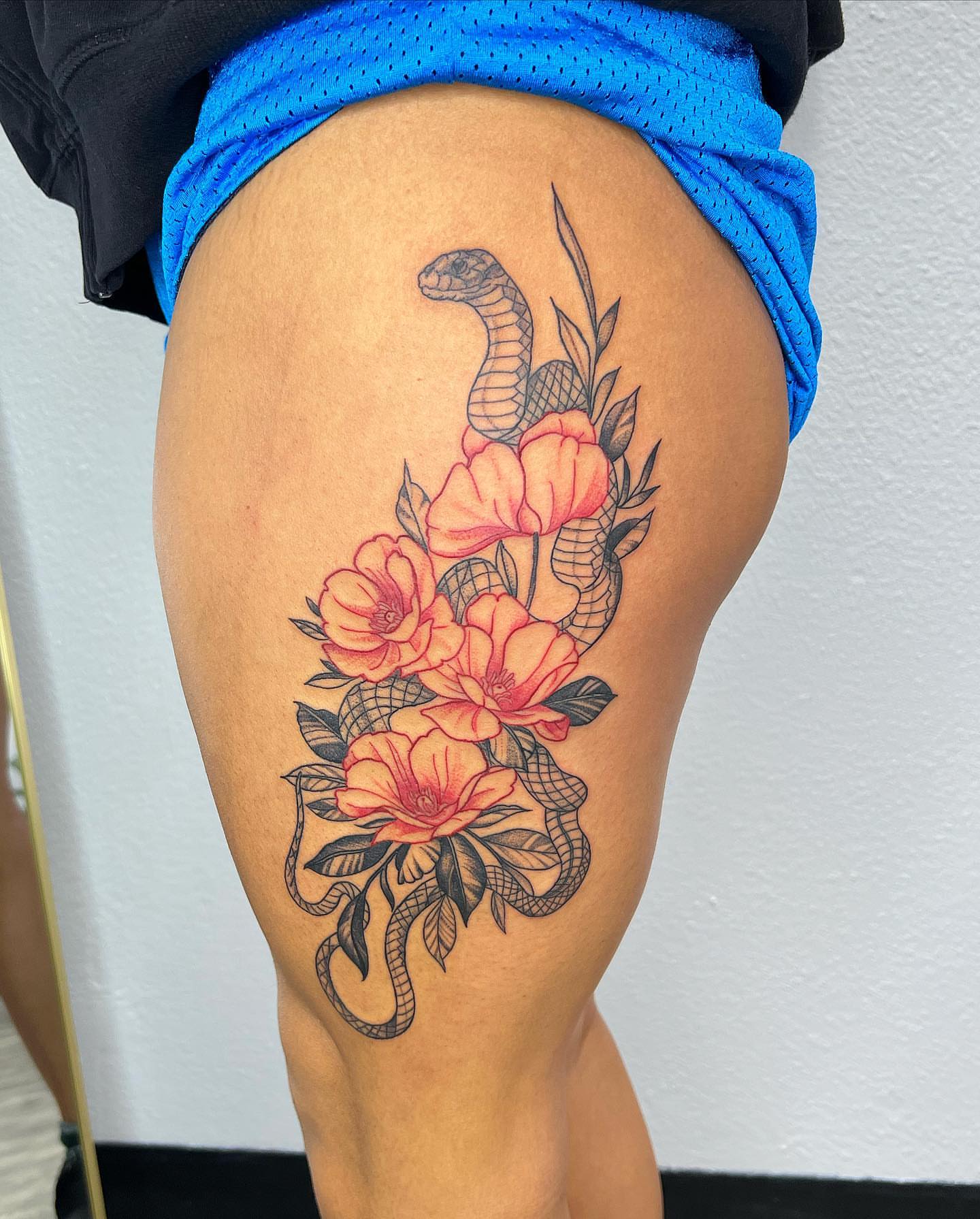 Snake and flowers neo-traditional tattoo on the thigh by ✨BADJASS the tattoo artist✨