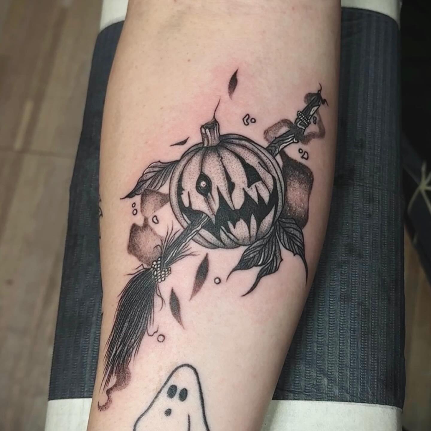 Pumpkin dotwork tattoo on the forearm by Steve