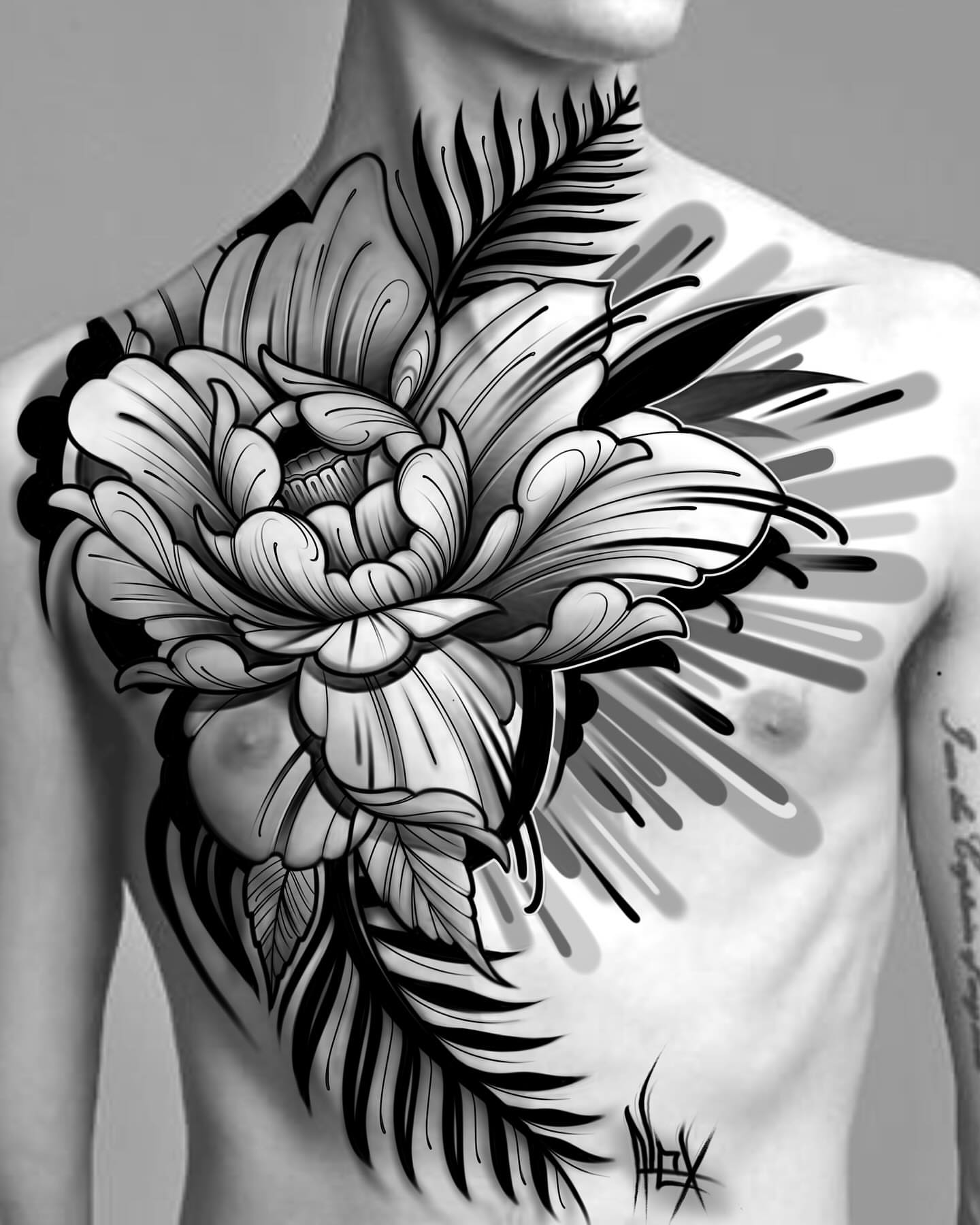 Flower black and grey tattoo on the chest by Alex Rockoff