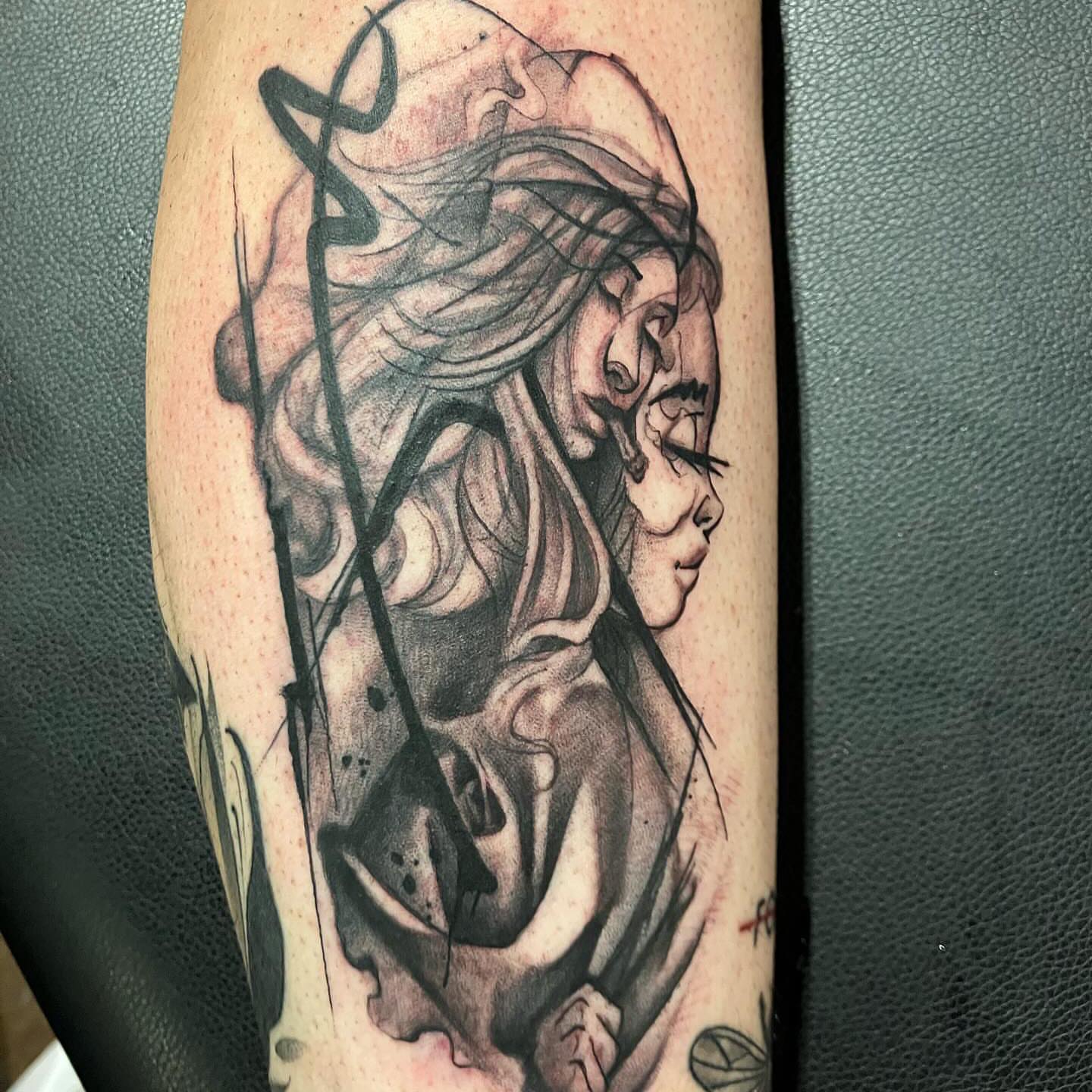Woman with flowing hair realism tattoo on the forearm by Hot Dawg
