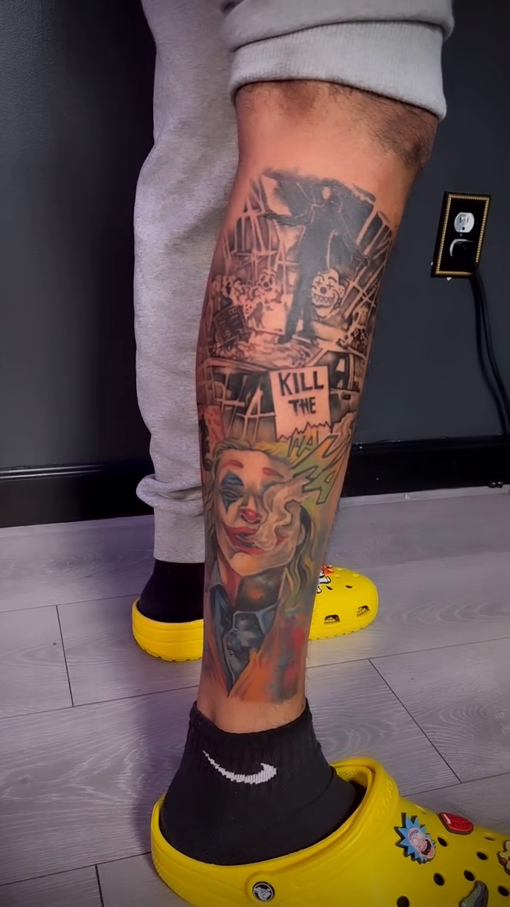 Joker and skull collage dark realism tattoo by Paul burrows (Tatttoo Artist)