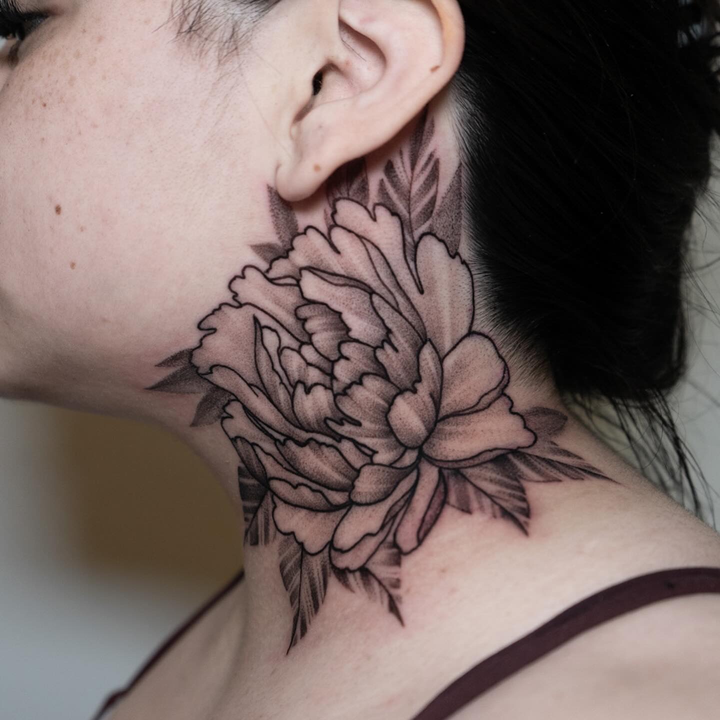 Peony black and grey tattoo on the neck by all gas no brakes! no days off!