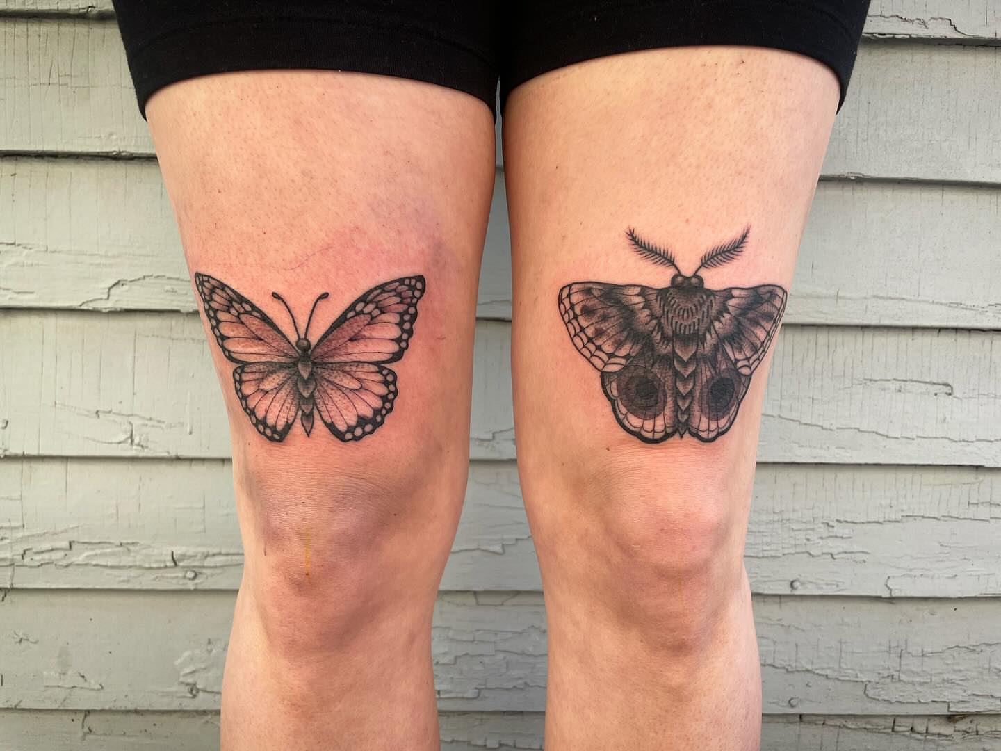 Butterfly moth realism tattoo on the thigh by Kimberly Shordon