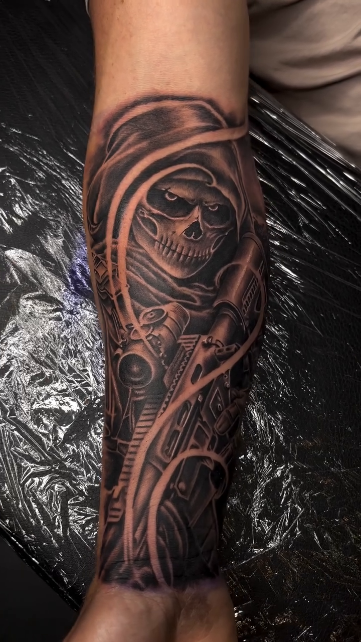 Tattoo by @mrgrouchtattoos — dark_realism, black_and_grey