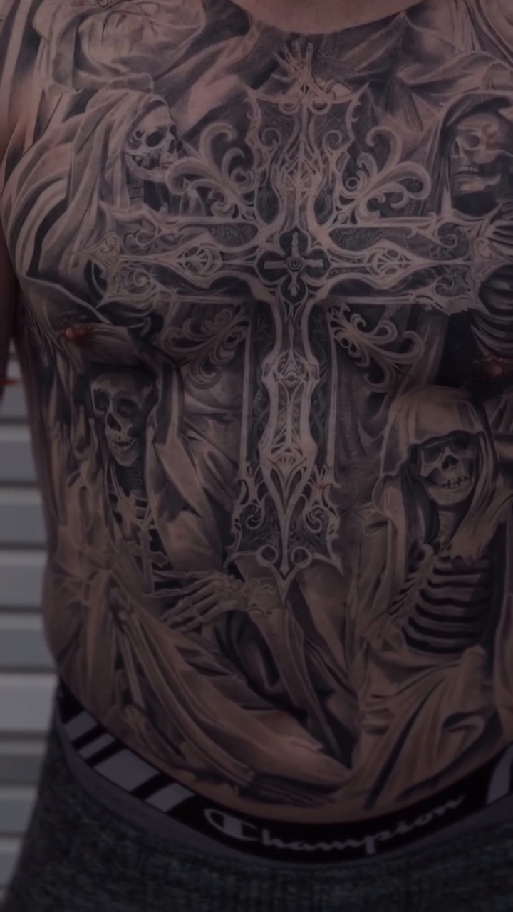 Religious cross with figures dark realism tattoo by sacramento tattoo CA