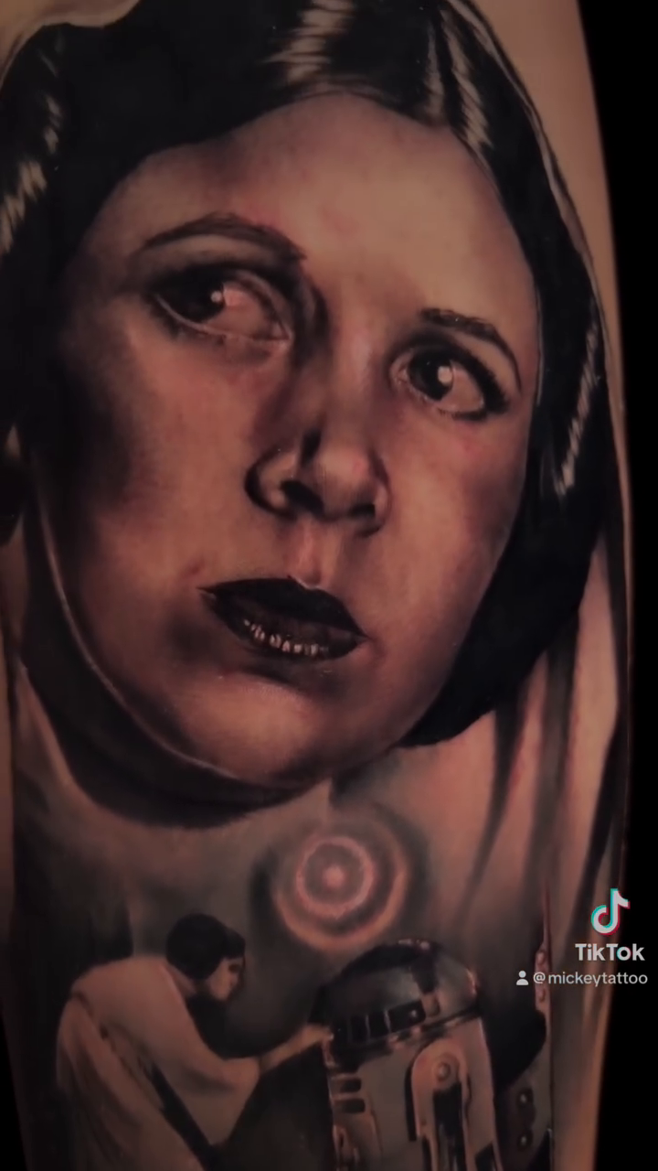 Princess Leia and R2-D2 realism tattoo by Bailey Hancock