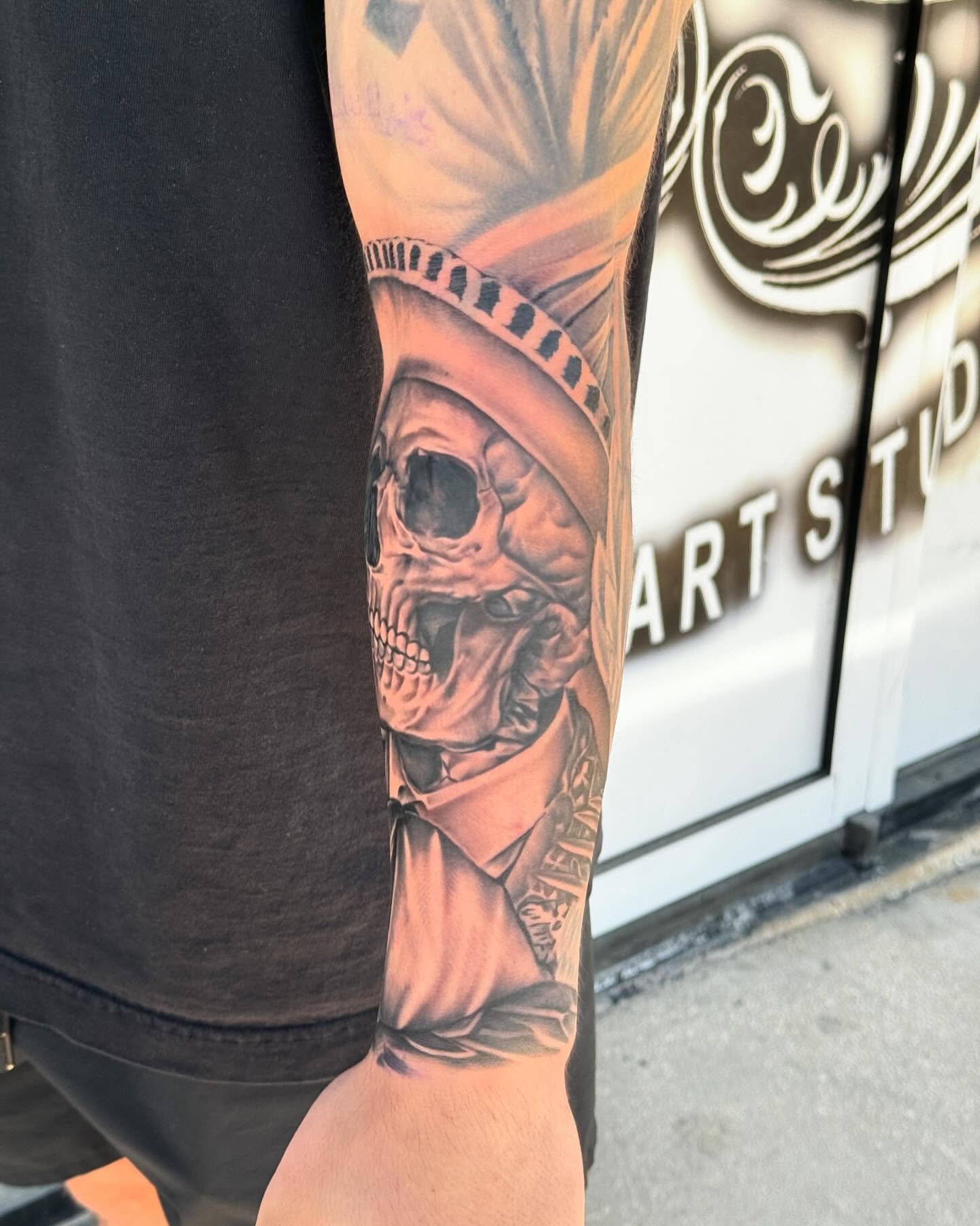 Statue of liberty skull American traditional tattoo on the forearm by Tattoos By Chico