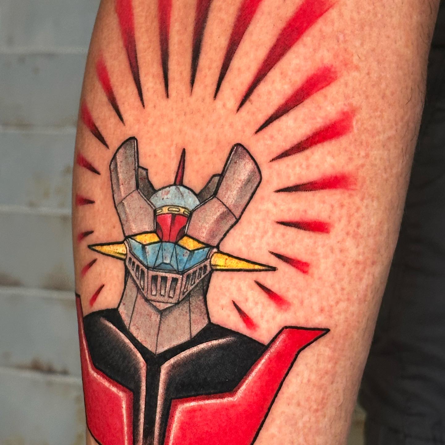 Mecha robot geometric tattoo on the forearm by Marta La Jirafa