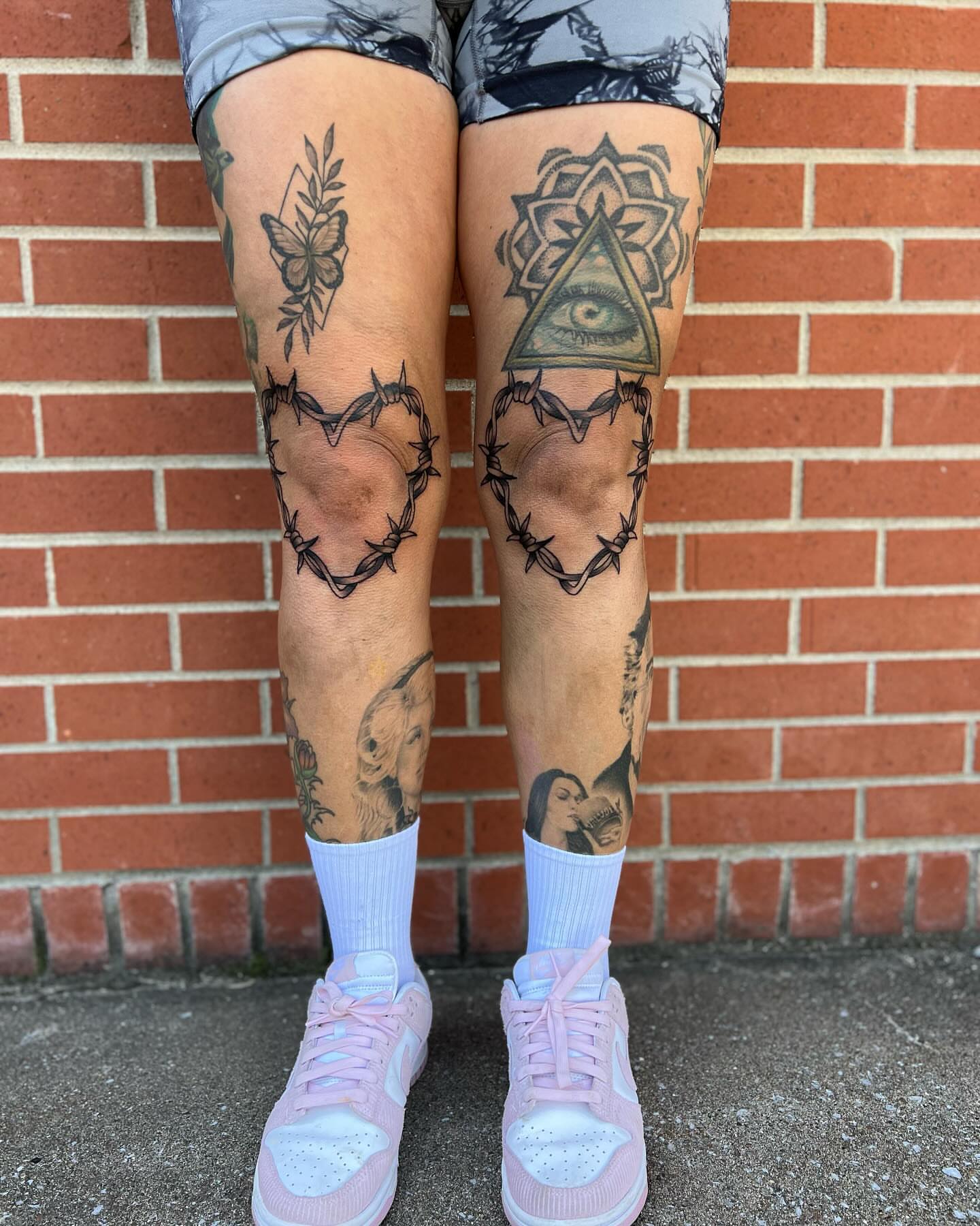 Eye and triangle black and grey tattoo on the leg by Tattoos by Alli Wilcox