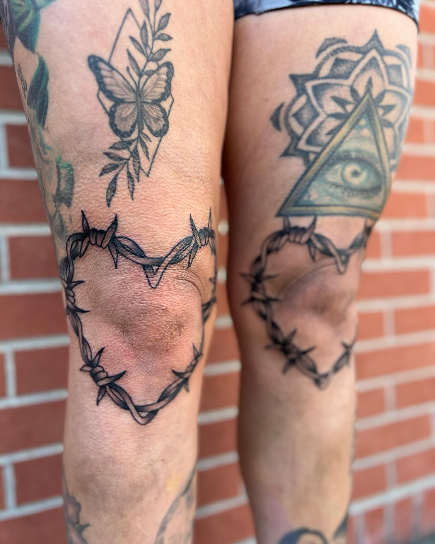 Barbed wire crown black and grey tattoo on the leg by Tattoos by Alli Wilcox