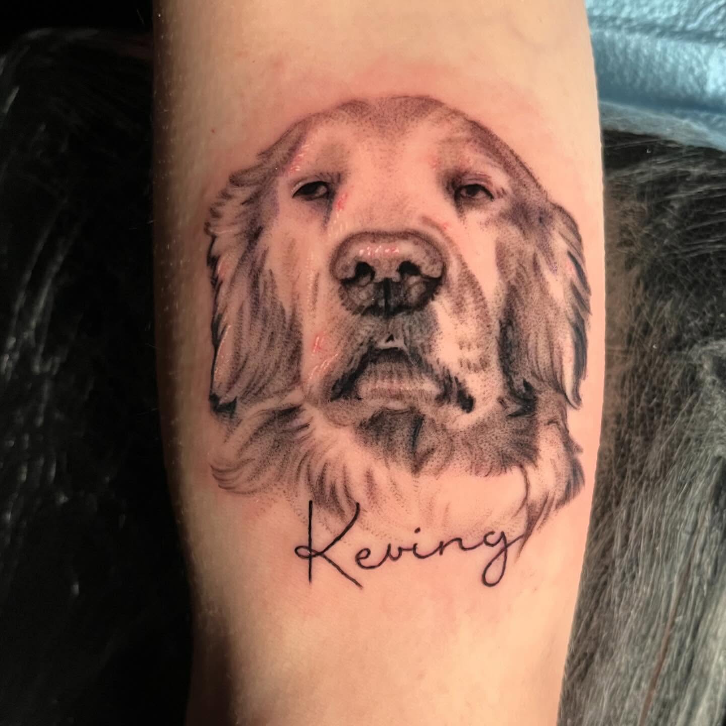 Dog portrait realism tattoo on the forearm by "el asere, el zurdo"