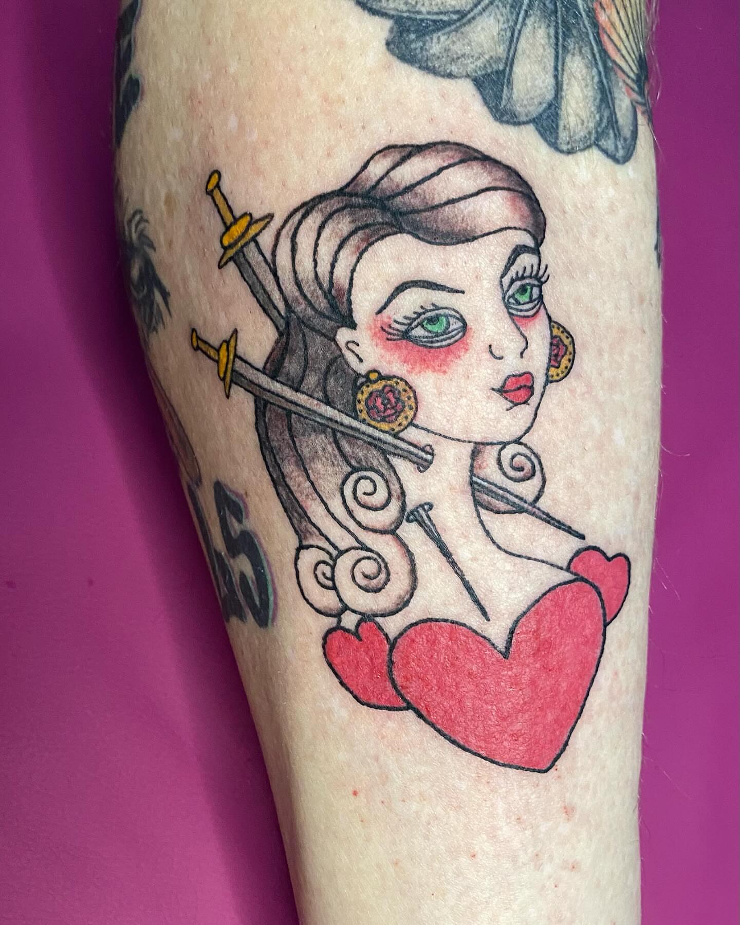 Woman with sword American traditional tattoo on the forearm by Tesla Kohl