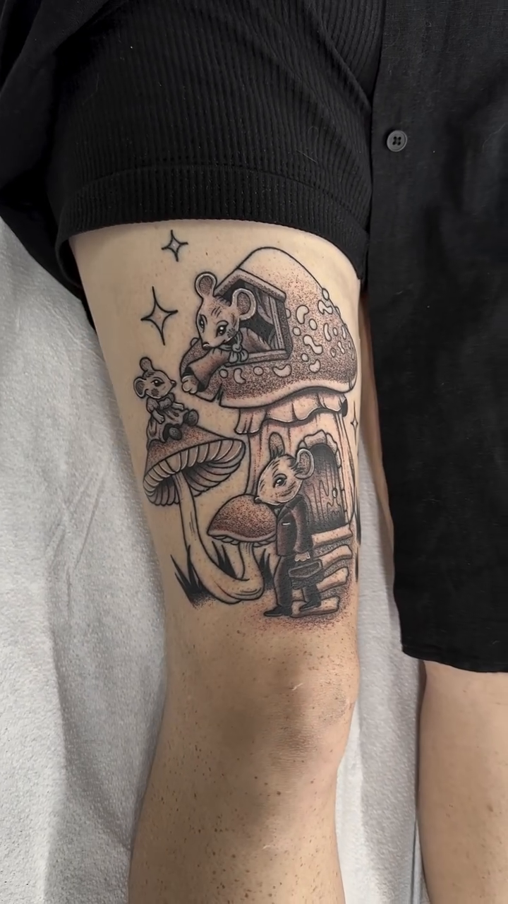 Mushroom house with bear and cat illustrative tattoo by Sierra Hiddleson- Phoenix Arizona Tattoo
