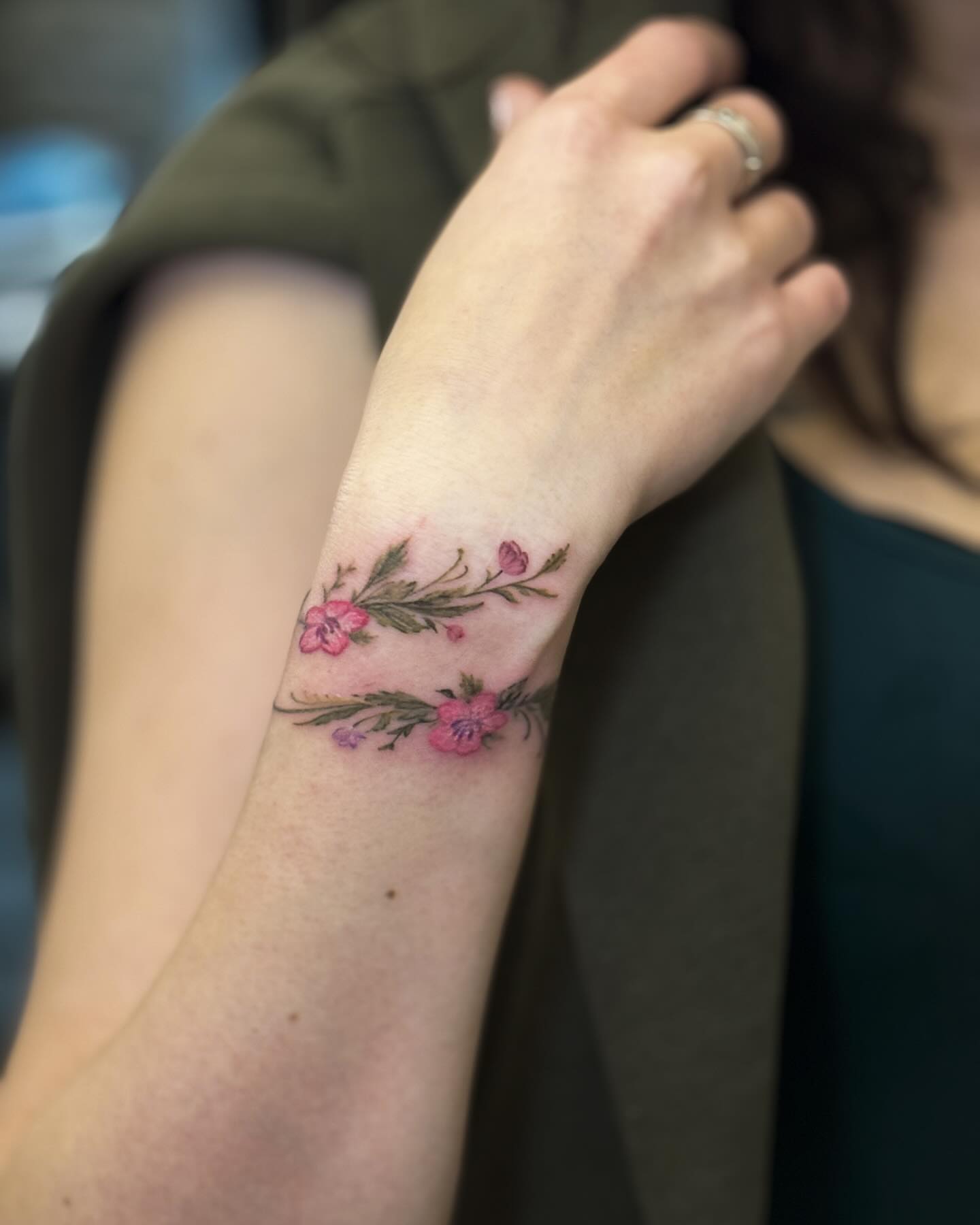 Cherry blossoms new school tattoo on the forearm by Ksu Storm, San Francisco, California