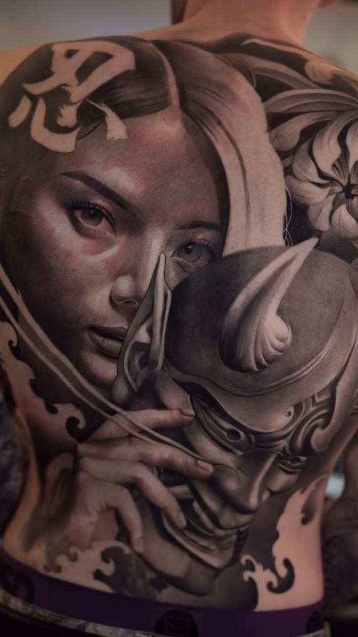 Woman with mask realism tattoo by Risa